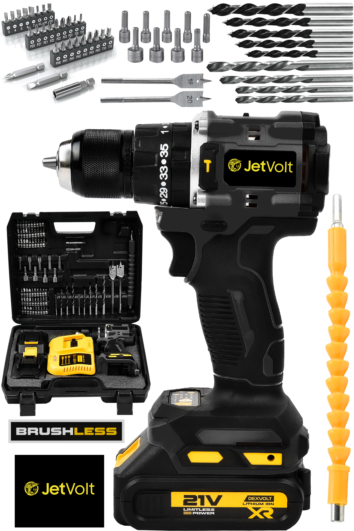 JetVolt 21V Çelik Mandren Kömürsüz Motor Darbeli Şarjlı Matkap Vidalama - Siyah