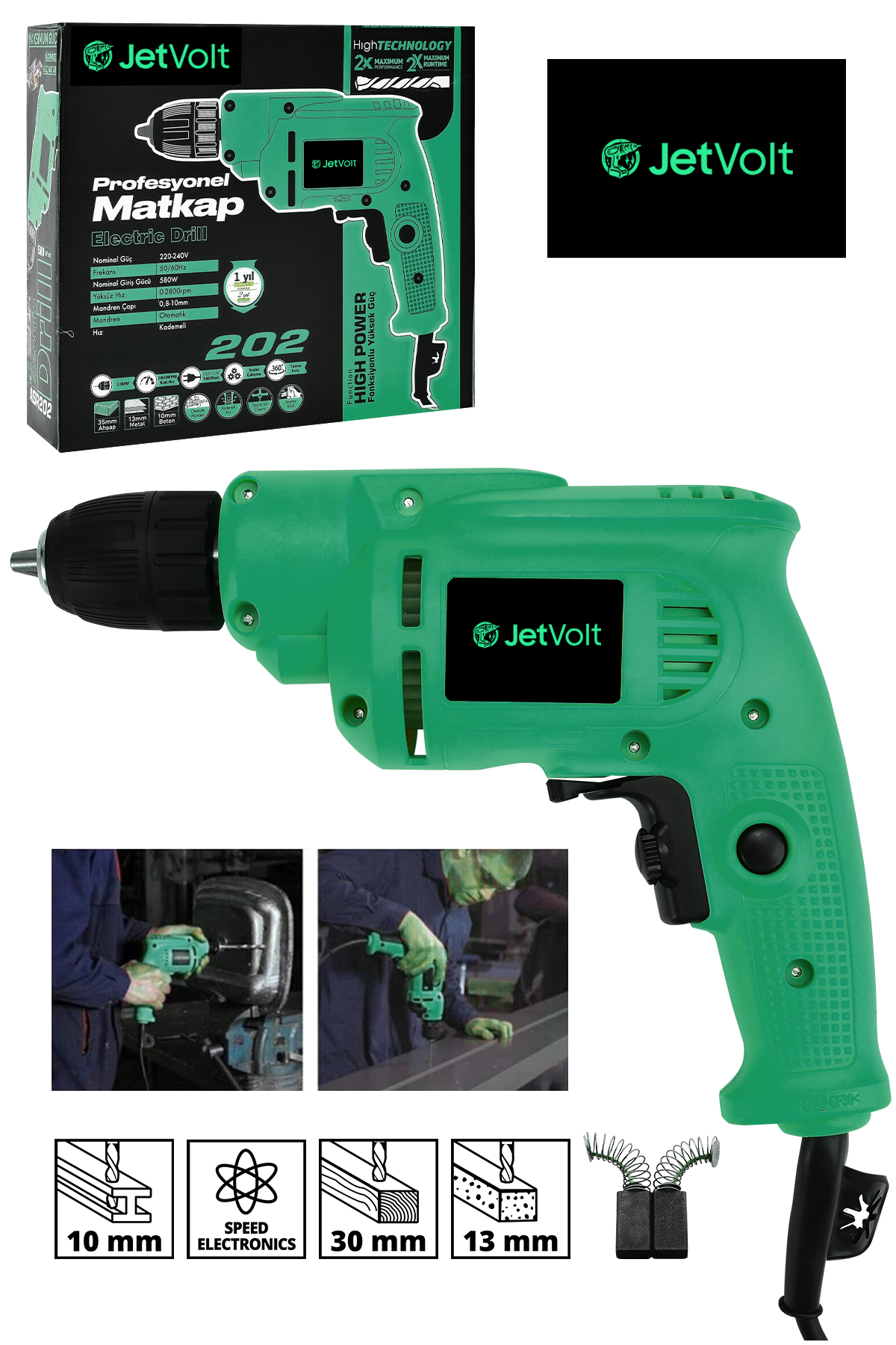 JetVolt 240V 60Hz Profesional 580W Metal Şanzıman 10mm Elektrikli Matkap - Yeşil