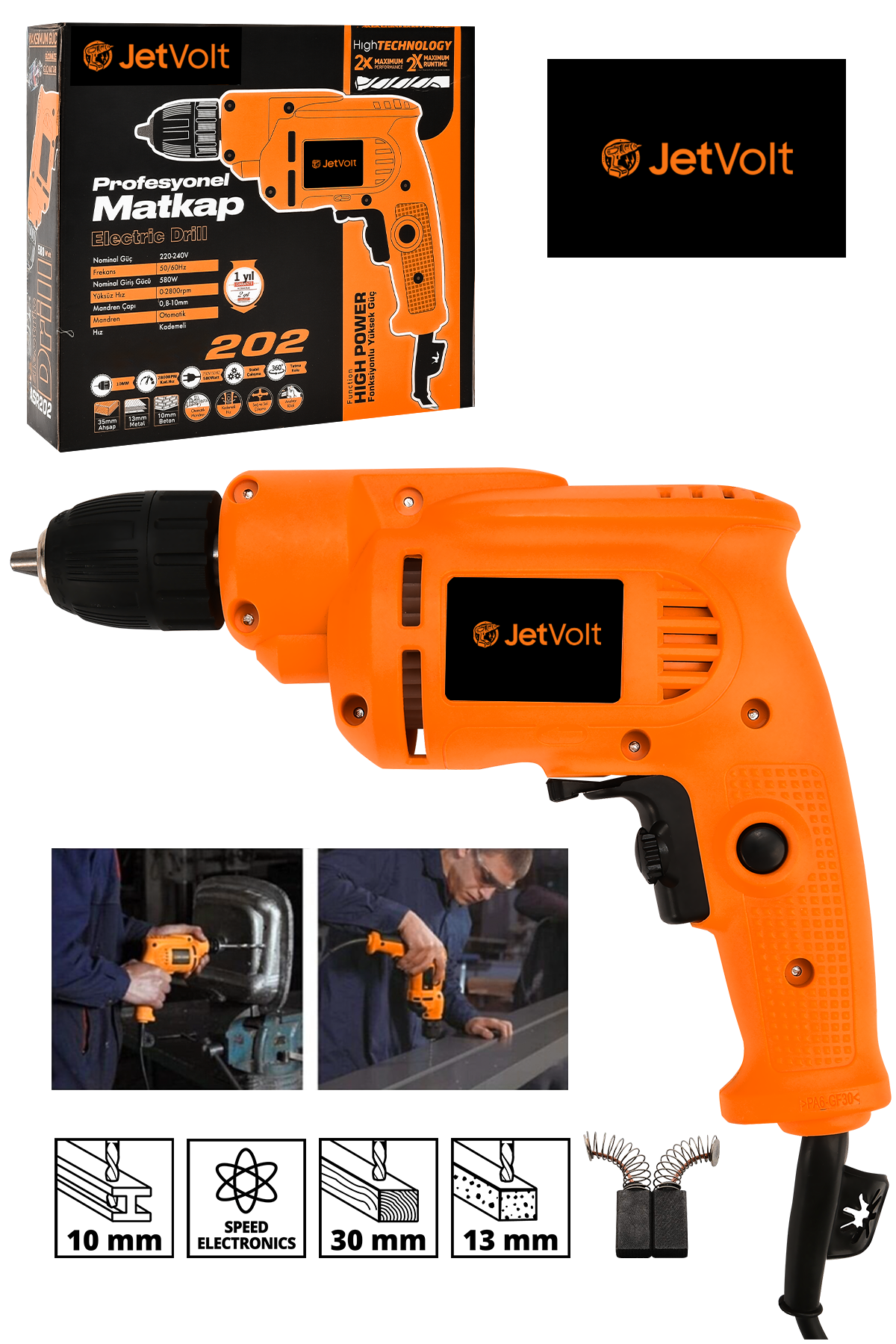 JetVolt 240V 60Hz Profesional 580W Metal Şanzıman 10mm Elektrikli Matkap - Turuncu