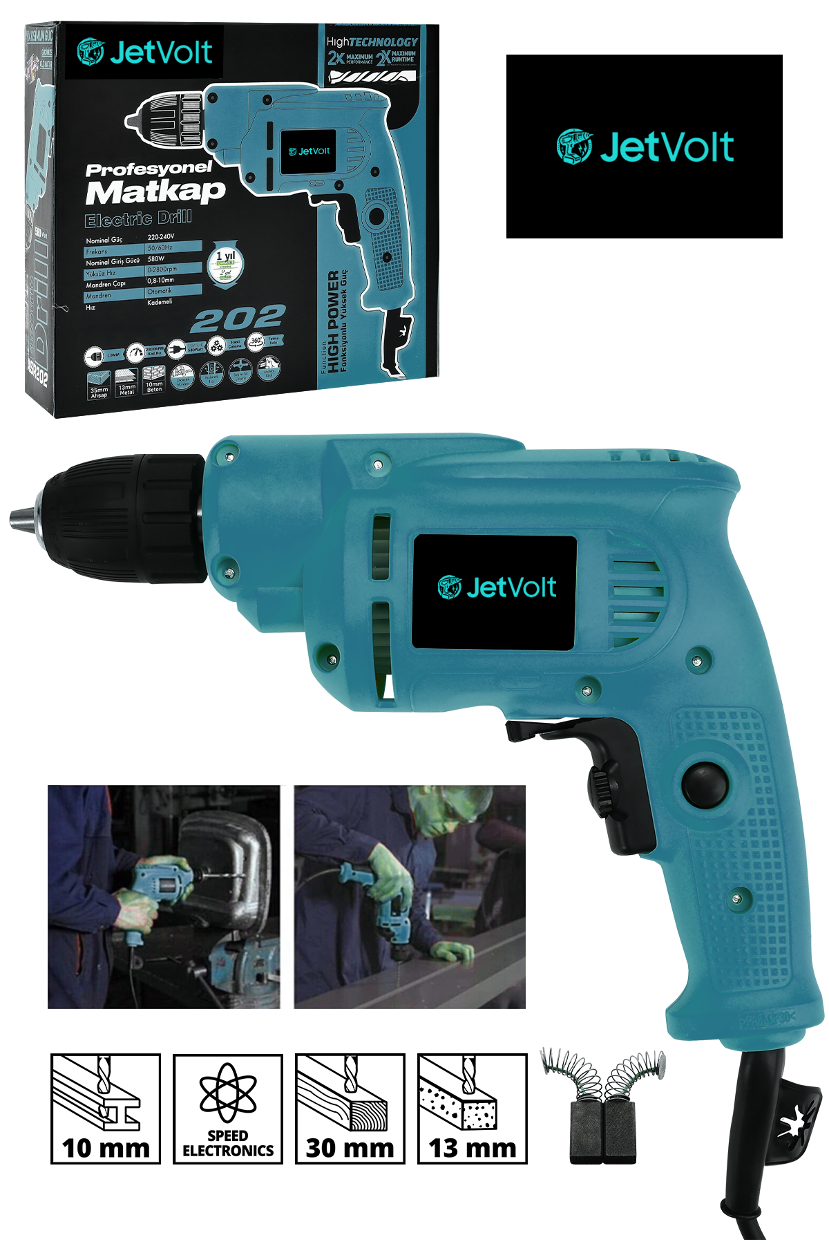 JetVolt 240V 60Hz Profesional 580W Metal Şanzıman 10mm Elektrikli Matkap - Mavi
