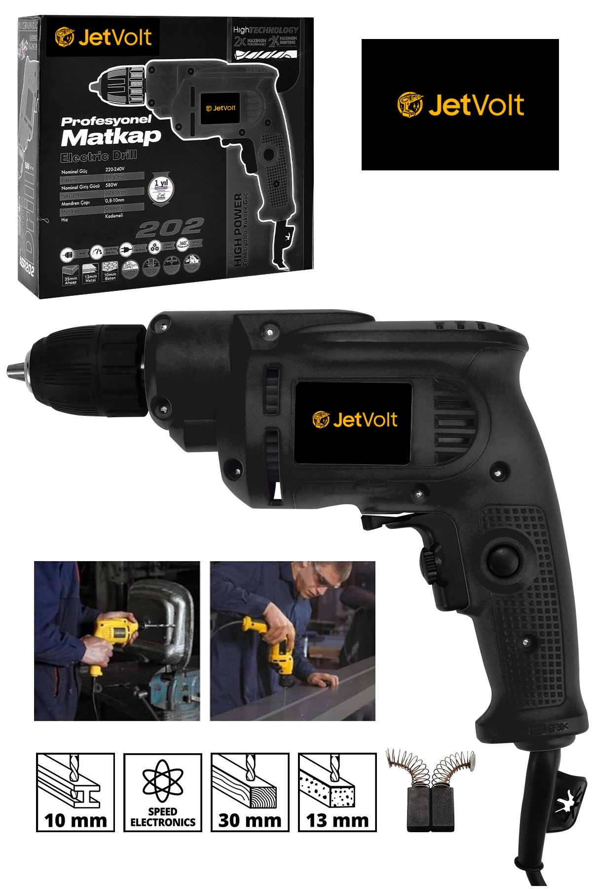 JetVolt 240V 60Hz Profesional 580W Metal Şanzıman 10mm Elektrikli Matkap - Siyah