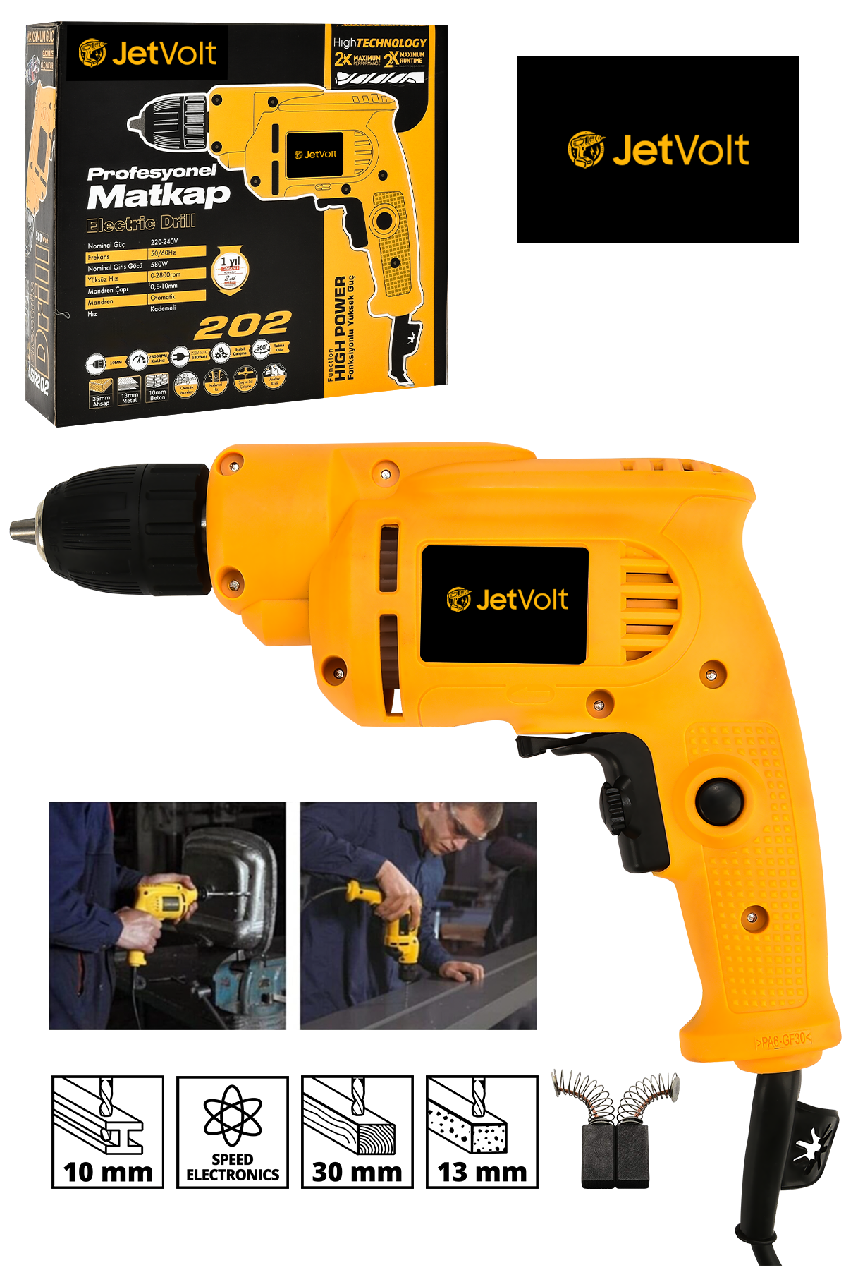 JetVolt 240V 60Hz Profesional 580W Metal Şanzıman 10mm Elektrikli Matkap - Sarı