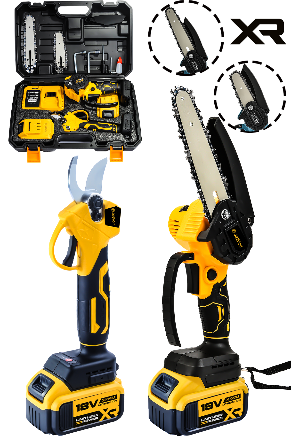 JetVolt 2'Li Set 18V 1.5Ah Çift Akülü Çelik Şanzıman Şarjlı Dal Budama & Testeresi - Sarı