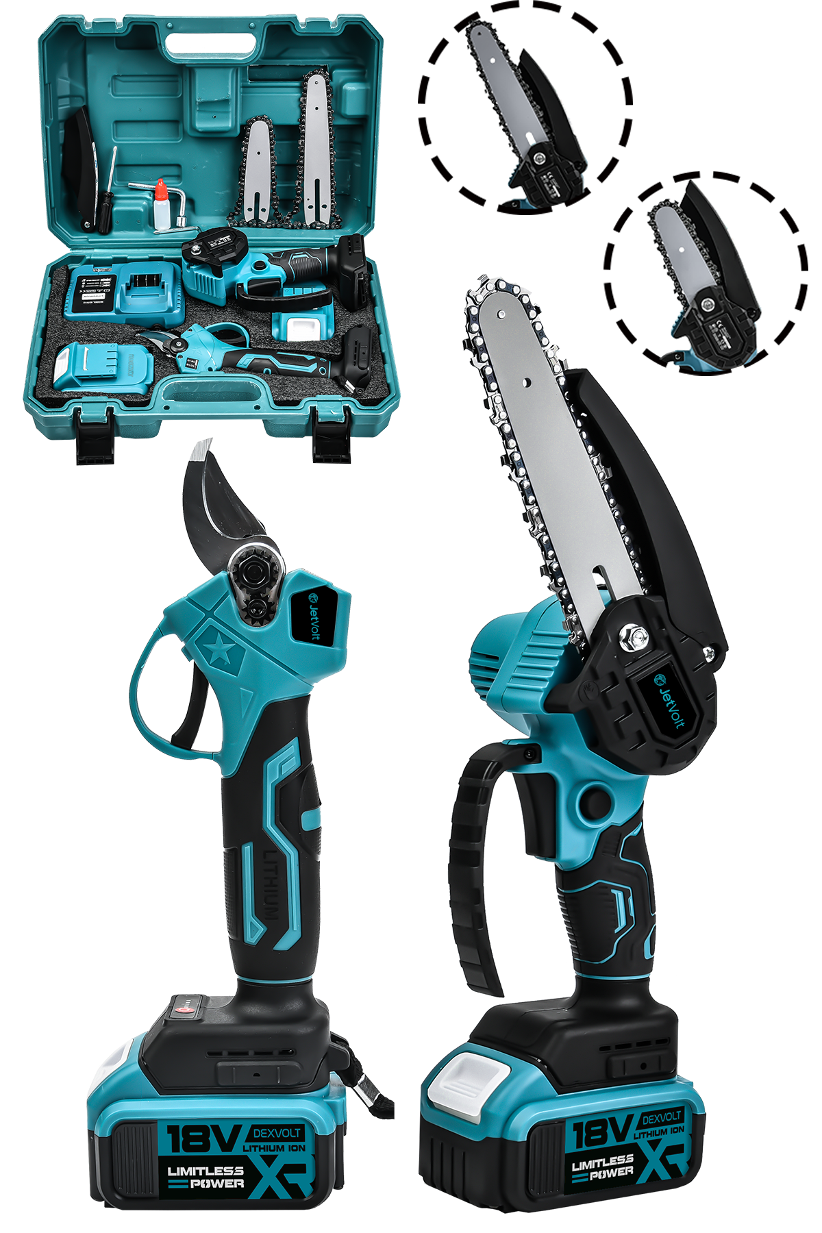 JetVolt 2'Li Set 18V 1.5Ah Çift Akülü Çelik Şanzıman Şarjlı Dal Budama & Testeresi - Mavi