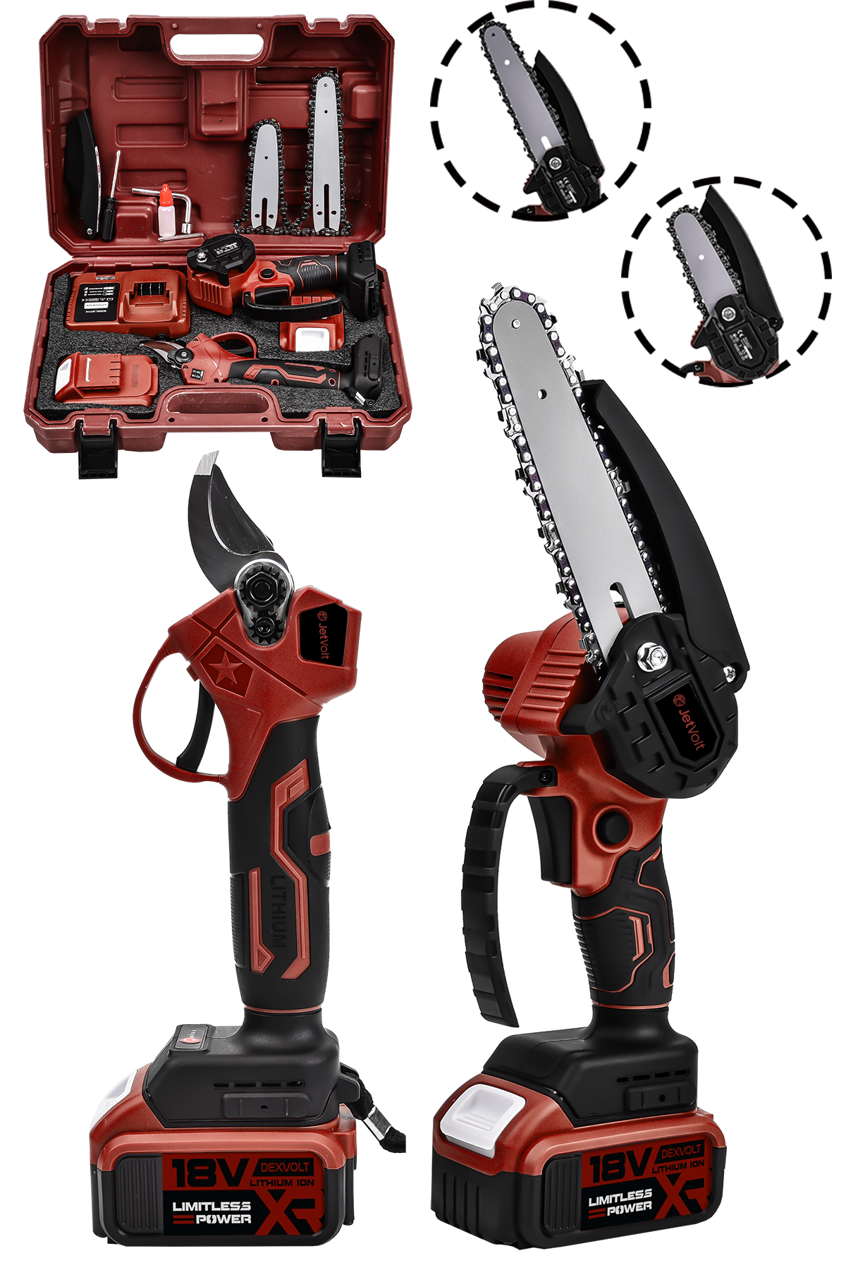JetVolt 2'Li Set 18V 1.5Ah Çift Akülü Çelik Şanzıman Şarjlı Dal Budama & Testeresi - Kırmızı