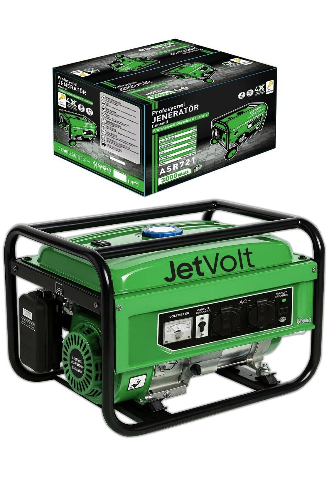 JetVolt 3 kVA 3000W Profesyonel Benzinli Monofoze Jeneratör Marşlı - Yeşil
