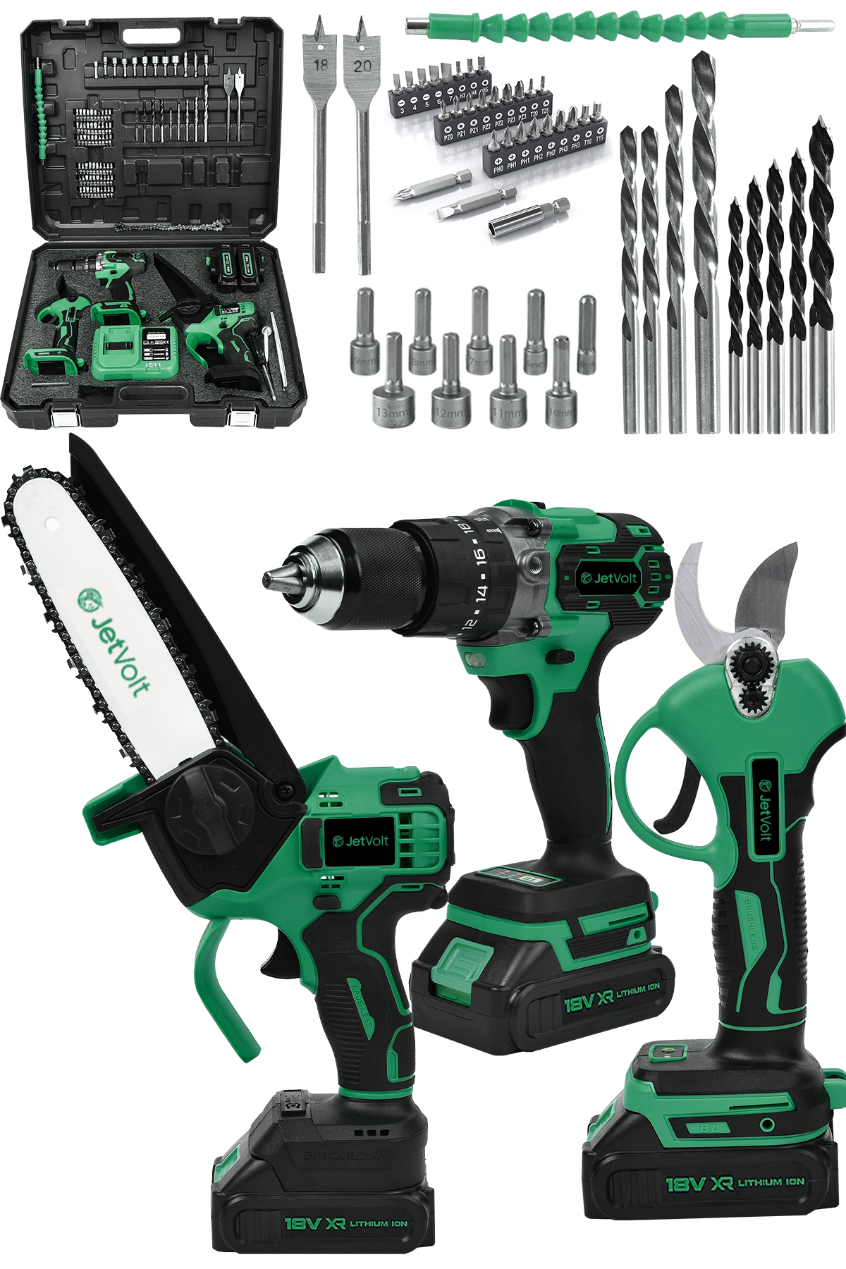 JetVolt 3 lü Set Kömürsüz Motor Çift Akülü Şarjlı Matkap Şarjlı Budama Makası Şarjlı Budama Testeresi - Yeşil