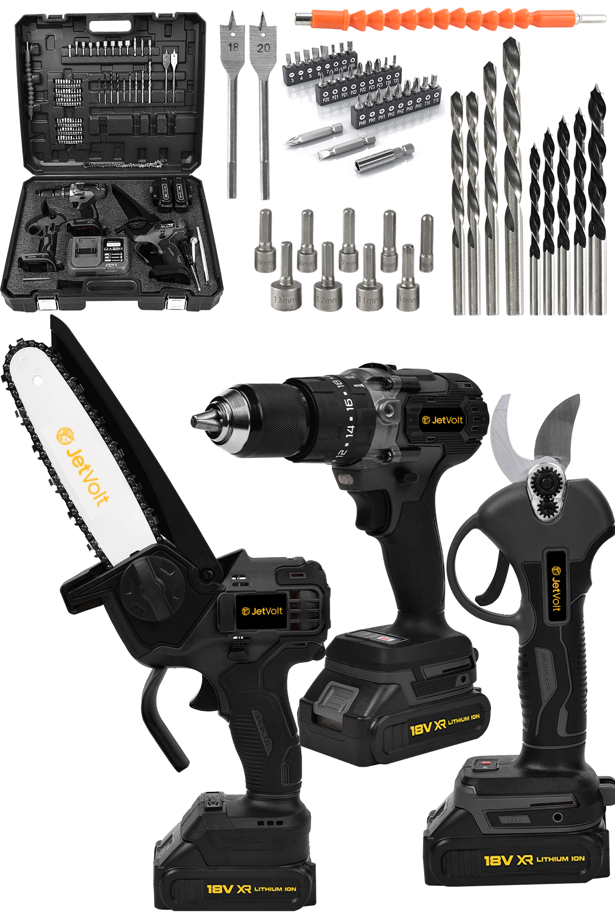 JetVolt 3 lü Set Kömürsüz Motor Çift Akülü Şarjlı Matkap Şarjlı Budama Makası Şarjlı Budama Testeresi - Siyah