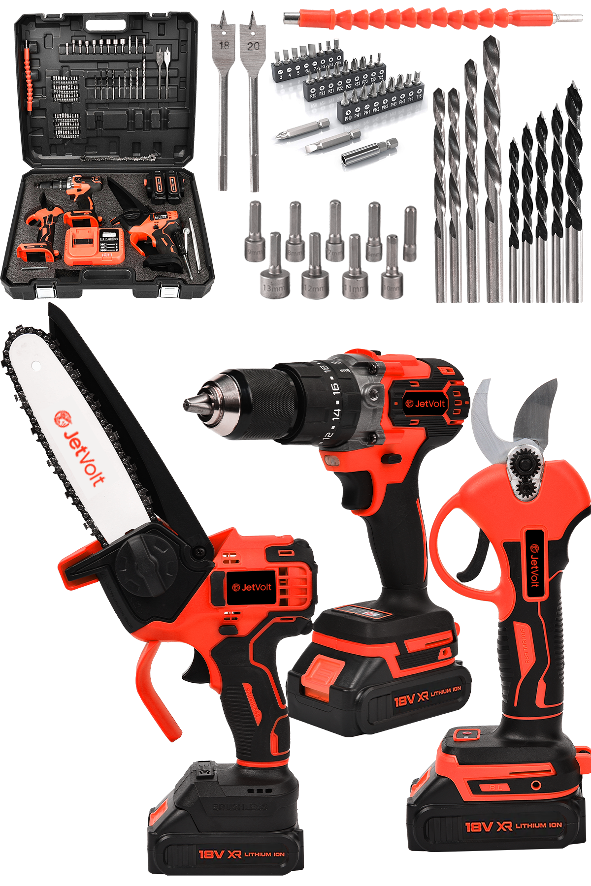 JetVolt 3 lü Set Kömürsüz Motor Çift Akülü Şarjlı Matkap Şarjlı Budama Makası Şarjlı Budama Testeresi - Kırmızı