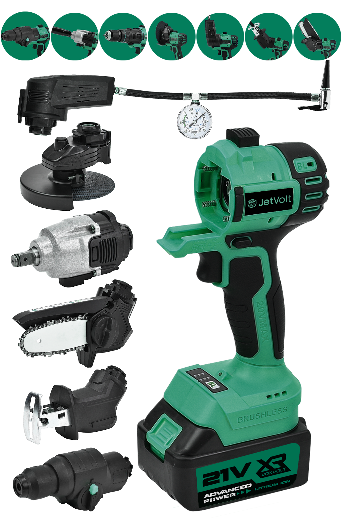 JetVolt 7 Başlıklı Set Taşlama Somun Sıkma Tilki Kuyruğu Dal Budama Akülü Vidalama Hava Pompası Hilti - Yeşil