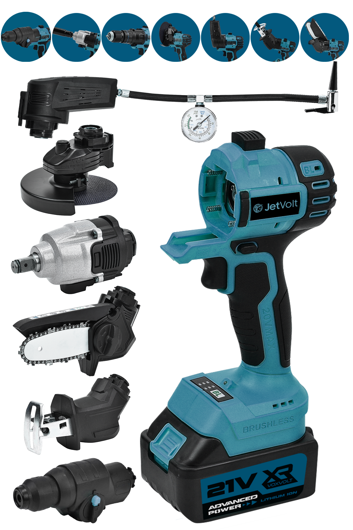 JetVolt 7 Başlıklı Set Taşlama Somun Sıkma Tilki Kuyruğu Dal Budama Akülü Vidalama Hava Pompası Hilti - Mavi