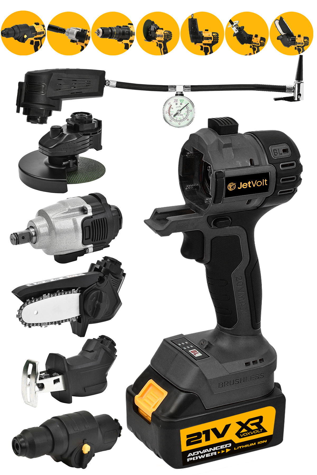 JetVolt 7 Başlıklı Set Taşlama Somun Sıkma Tilki Kuyruğu Dal Budama Akülü Vidalama Hava Pompası Hilti - Siyah