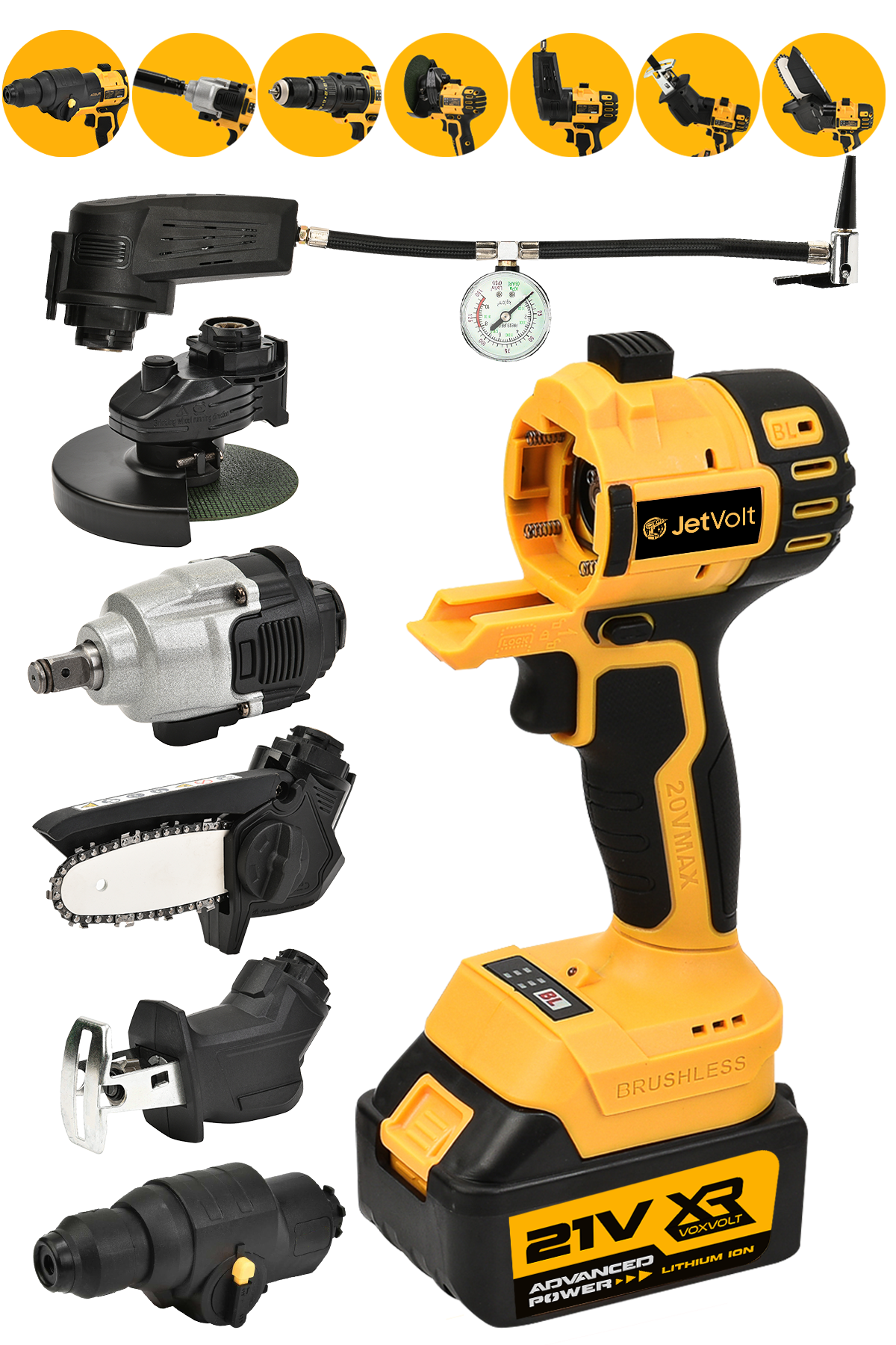 JetVolt 7 Başlıklı Set Taşlama Somun Sıkma Tilki Kuyruğu Dal Budama Akülü Vidalama Hava Pompası Hilti - Sarı