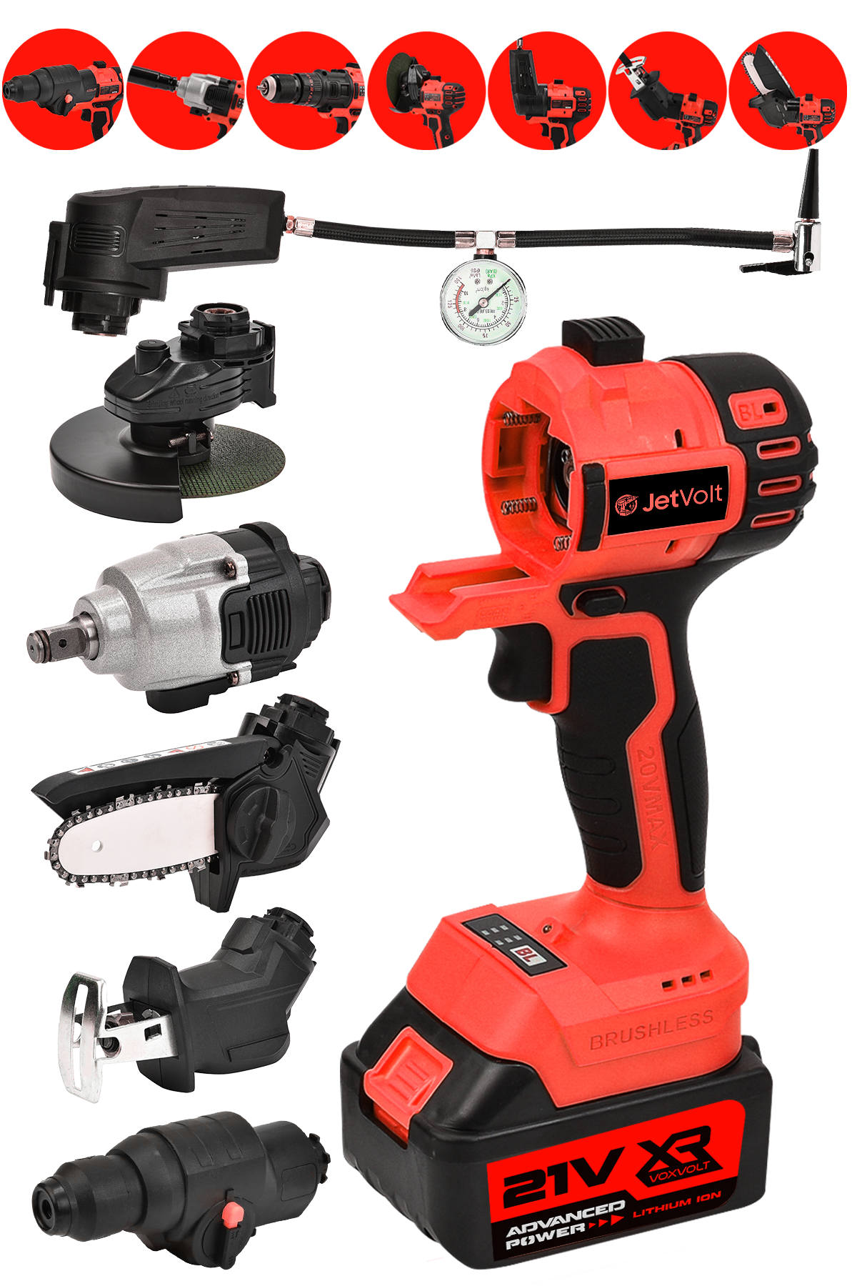 JetVolt 7 Başlıklı Set Taşlama Somun Sıkma Tilki Kuyruğu Dal Budama Akülü Vidalama Hava Pompası Hilti - Kırmızı