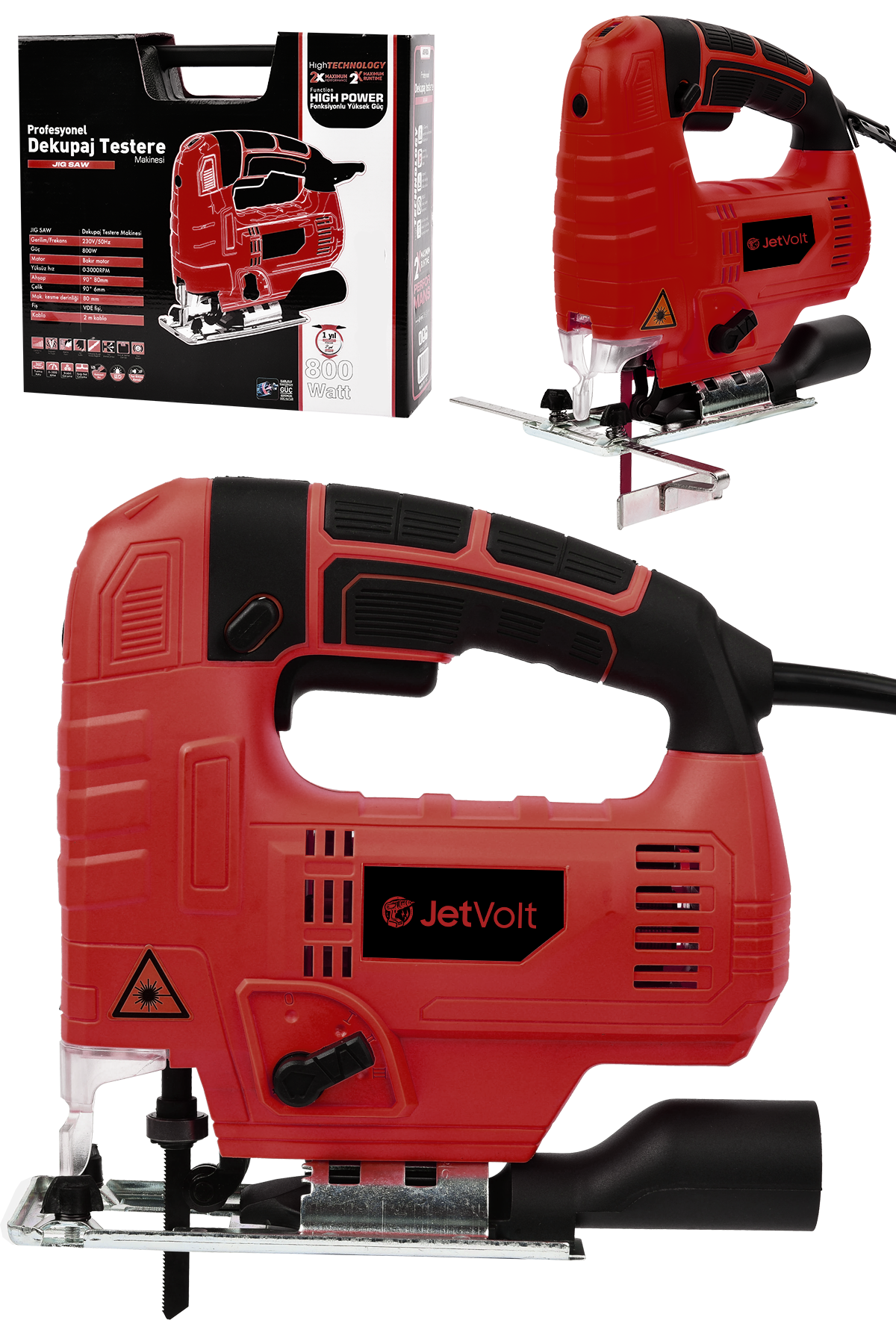 JetVolt 800W Bakır Sargılı Professional Devir Ayarlı Dekupaj Bıçkı Testere Makinası - Kırmızı