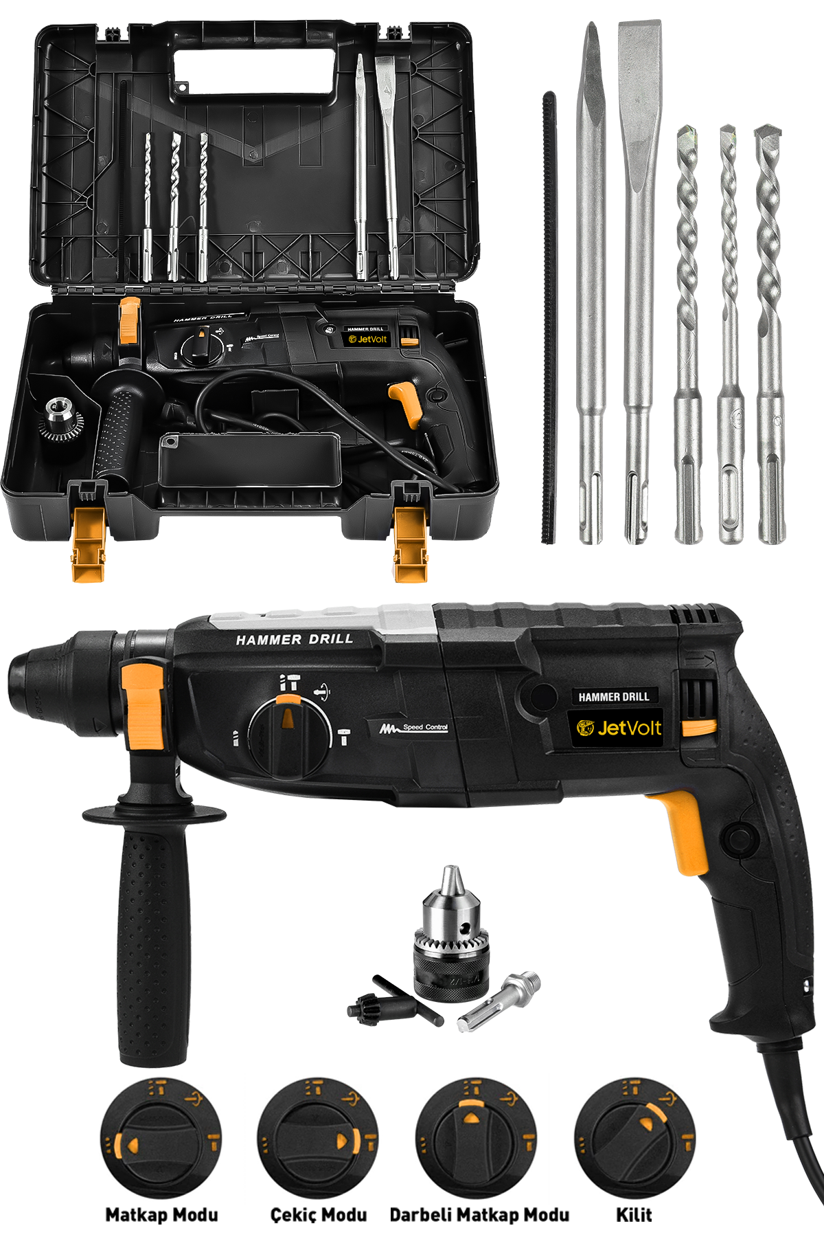 JetVolt 850W Metal Şanzıman Darbeli Matkap Kırıcı Delici Hilti 2-28mm - Siyah