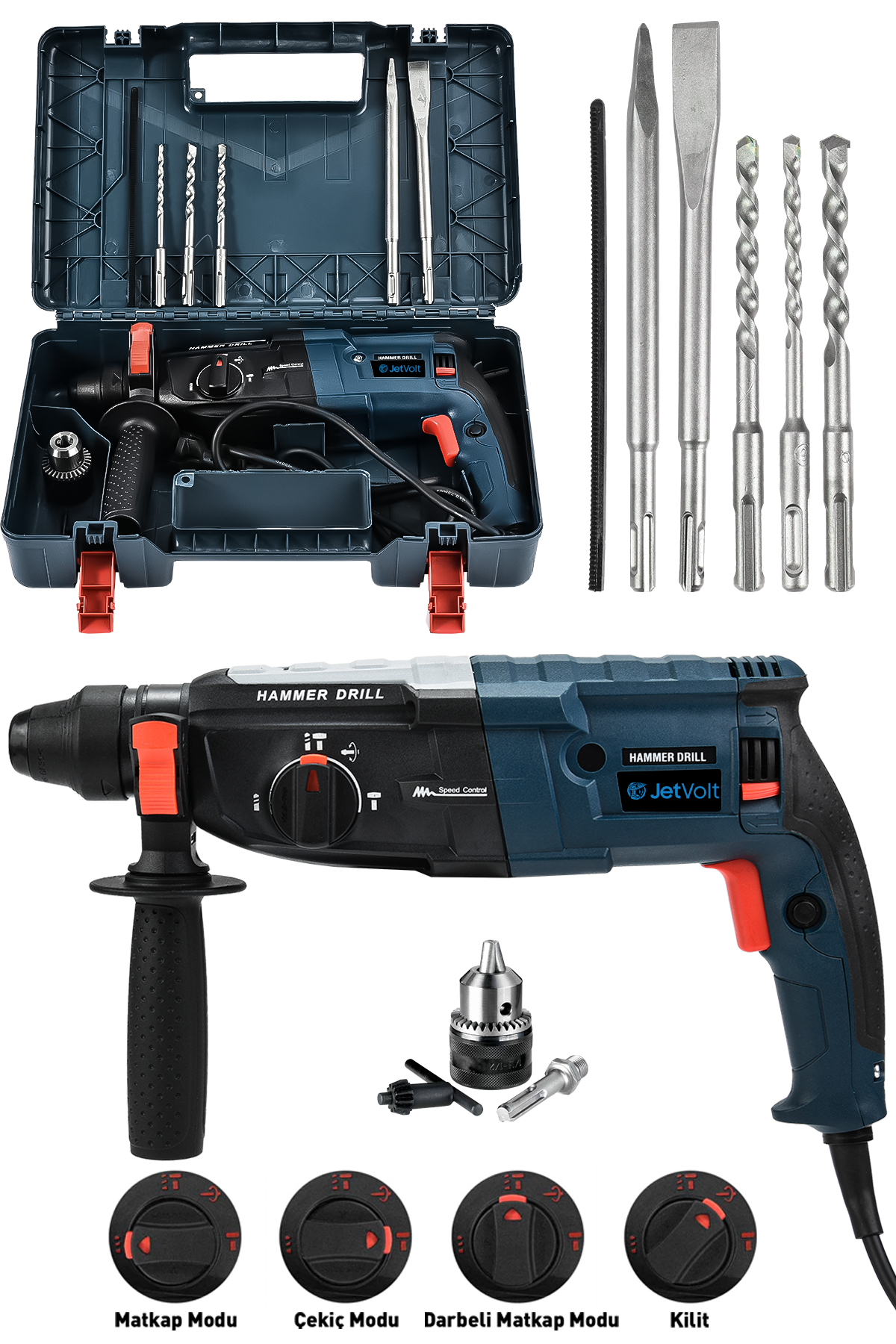JetVolt 850W Metal Şanzıman Darbeli Matkap Kırıcı Delici Hilti 2-28mm - Mavi