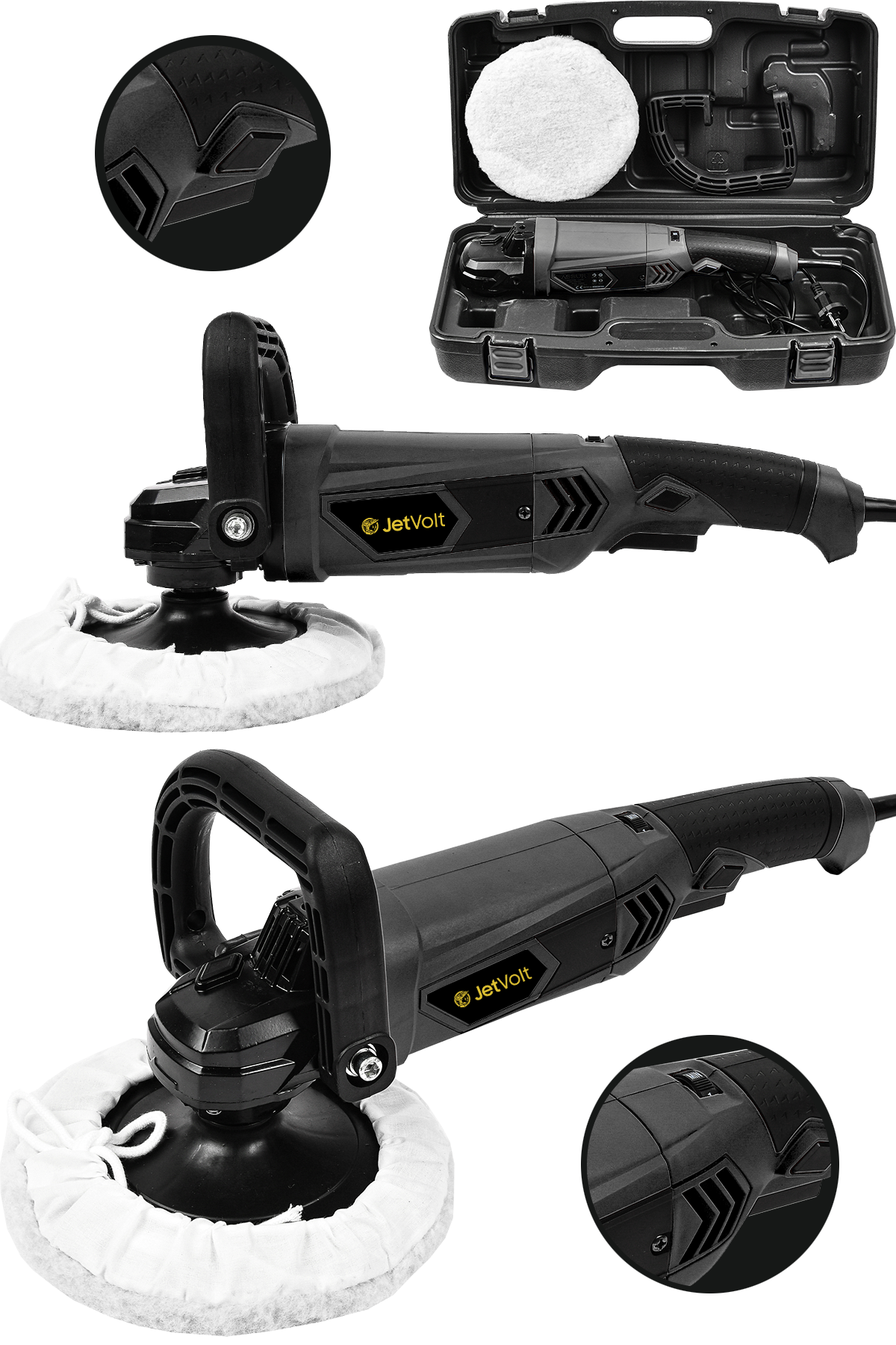 JetVolt Devir Ayarlı Polisaj Makinesi 6 Kademeli Pasta Cila Kiti 1300 Watt 180 mm - Siyah