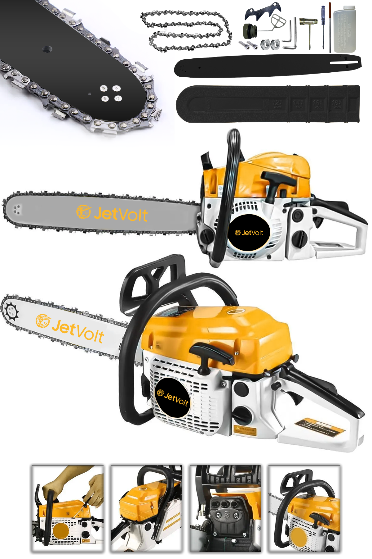 JetVolt Ekstra Güçlü 52CC 2.9 HP 8000 Rpm BENZİNLİ Ağaç Odun Dal Kesme Makinesi Motorlu Testere Hızar Motoru - Sarı