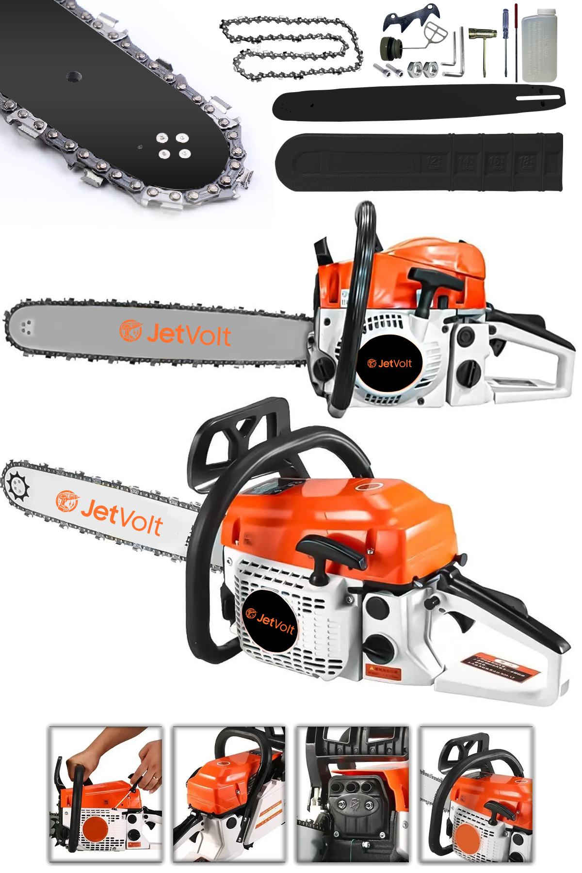 JetVolt Ekstra Güçlü 52CC 2.9 HP 8000 Rpm BENZİNLİ Ağaç Odun Dal Kesme Makinesi Motorlu Testere Hızar Motoru - Turuncu