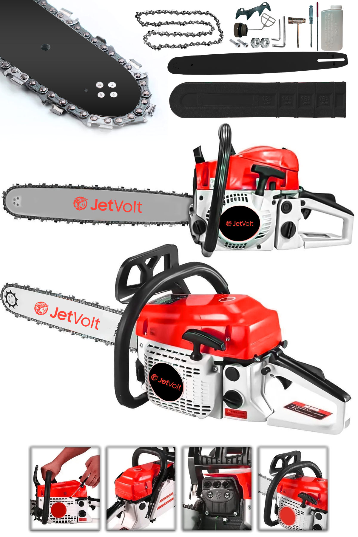 JetVolt Ekstra Güçlü 52CC 2.9 HP 8000 Rpm BENZİNLİ Ağaç Odun Dal Kesme Makinesi Motorlu Testere Hızar Motoru - Kırmızı