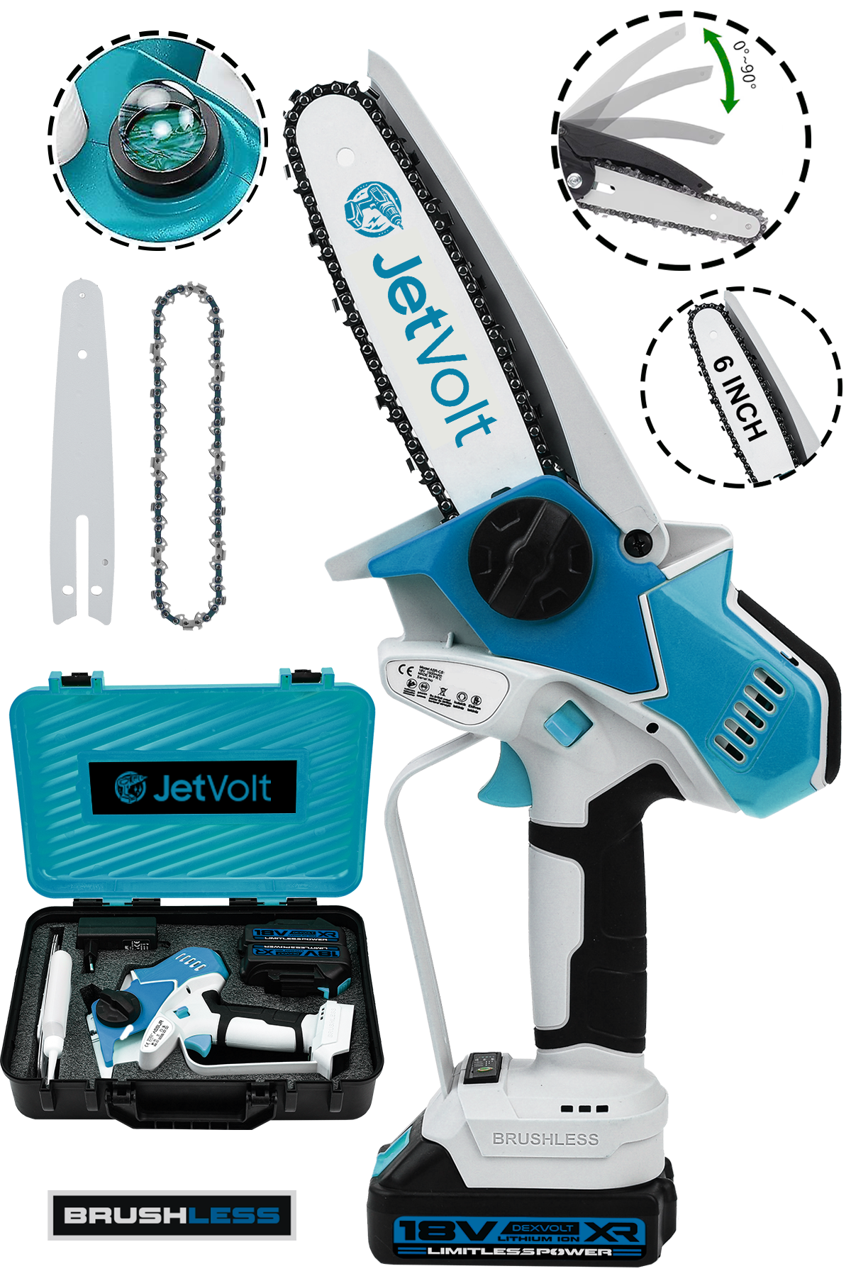 JetVolt Extra Power Kömürsüz Motor Şarjlı El Testeresi Ağaç Odun Dal Kesme Budama Mavi - Mavi