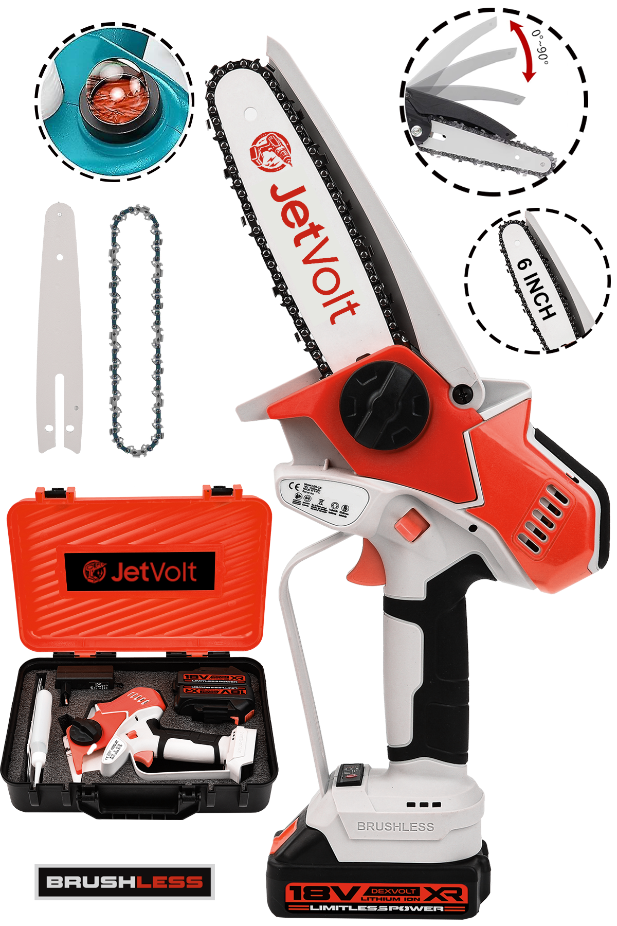 JetVolt Extra Power Kömürsüz Motor Şarjlı El Testeresi Ağaç Odun Dal Kesme Budama Mavi - Kırmızı
