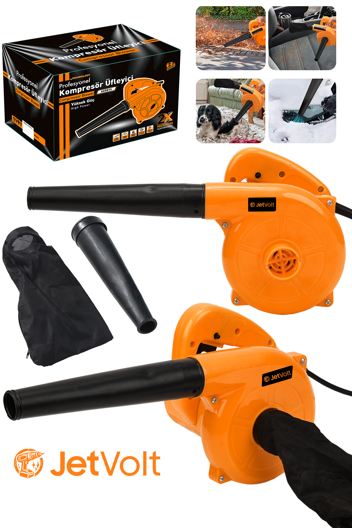 JetVolt Hava Üfleme Emme Makinesi 6 Kademe Devir Ayarlı 600 Watt Elektrikli Hava Üfleme Körüğü - Turuncu