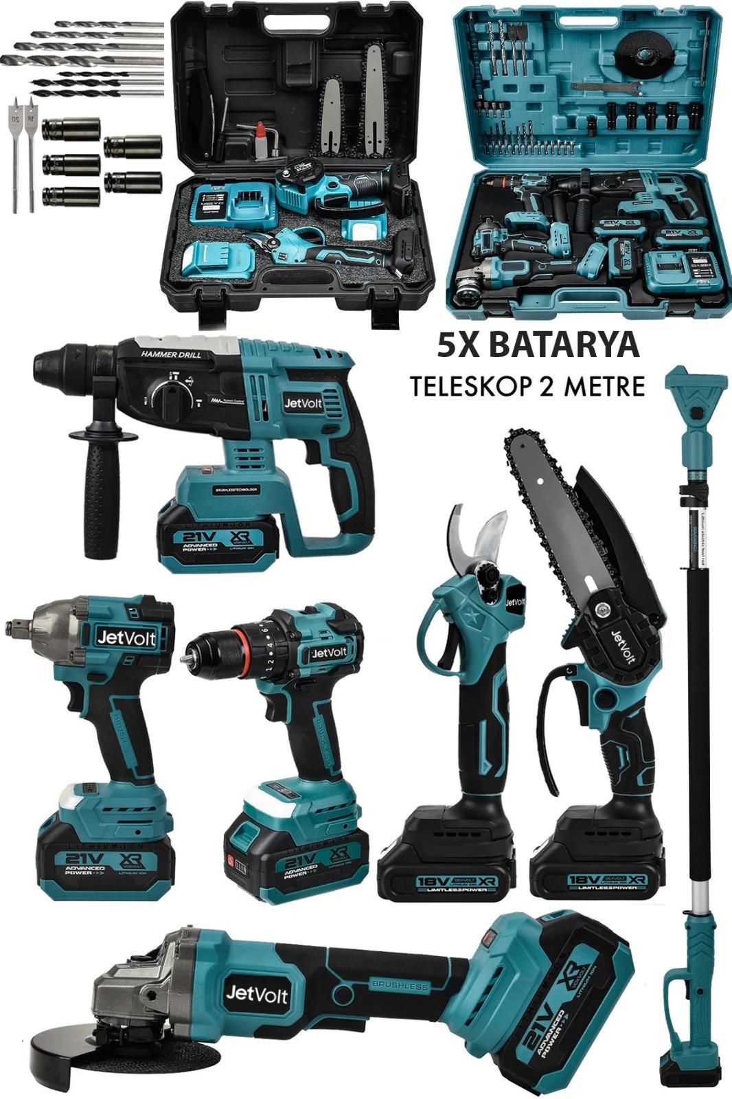 JetVolt Premium Profesyonel 21v 2.0ah 2 Çantalı 5 Bataryalı Kömürsüz Darbeli Teleskop Kollu 7li Set - Mavi