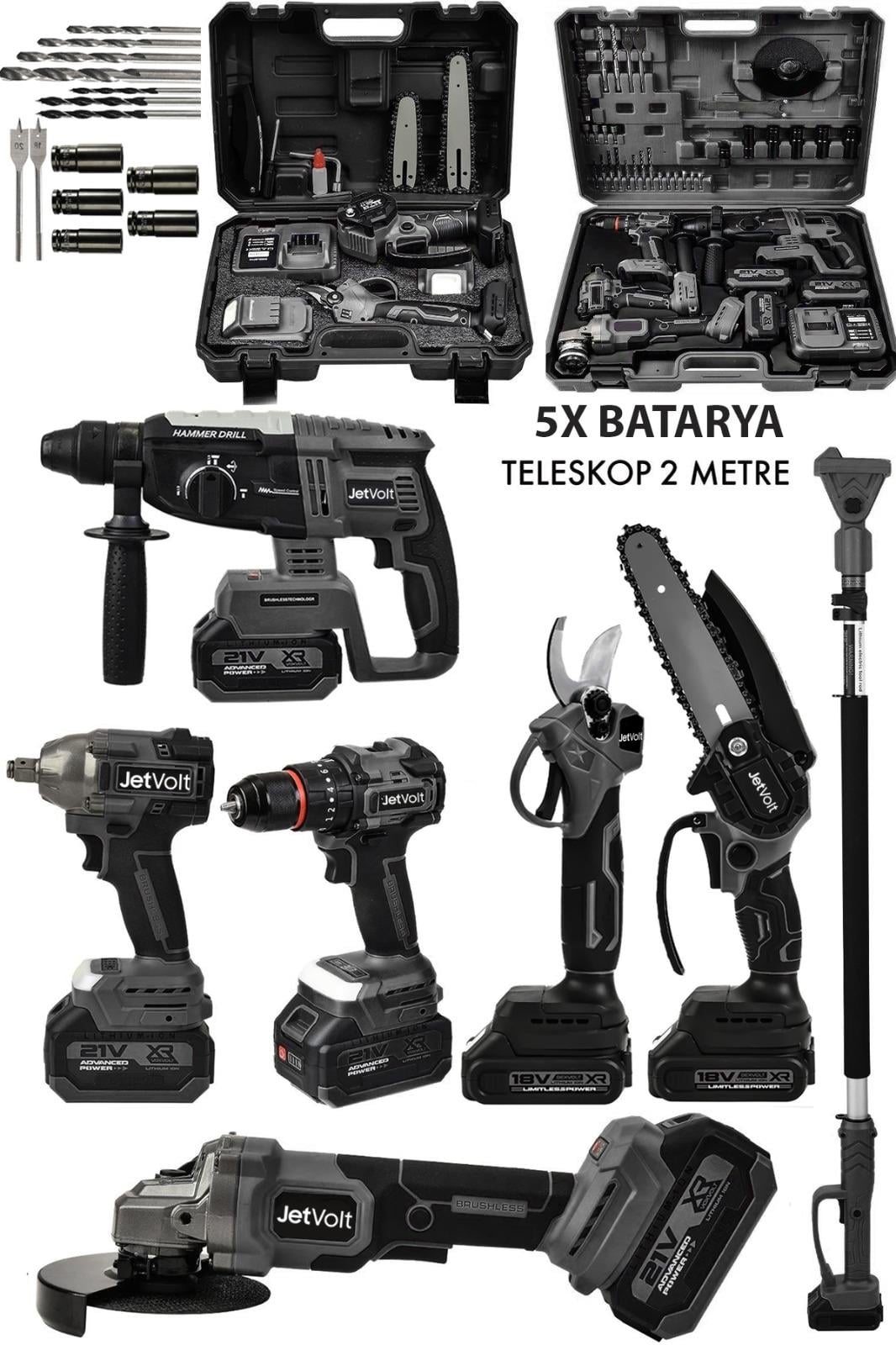 JetVolt Premium Profesyonel 21v 2.0ah 2 Çantalı 5 Bataryalı Kömürsüz Darbeli Teleskop Kollu 7li Set - Siyah