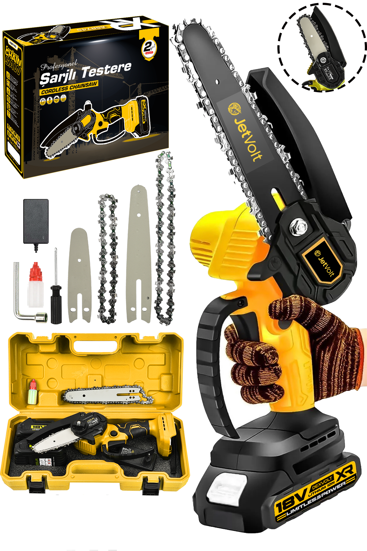 JetVolt Profesonel Metal Dişli 18V 1.5Ah Şarjlı Dal Budama Testeresi - Sarı