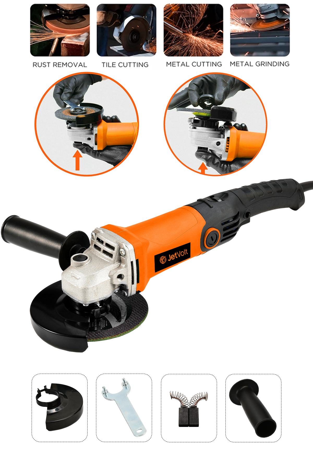 JetVolt Profesyonel 1200W Avuç Taşlama Makinesi 125mm 6 Kademeli Uzun Kuyruk - Turuncu