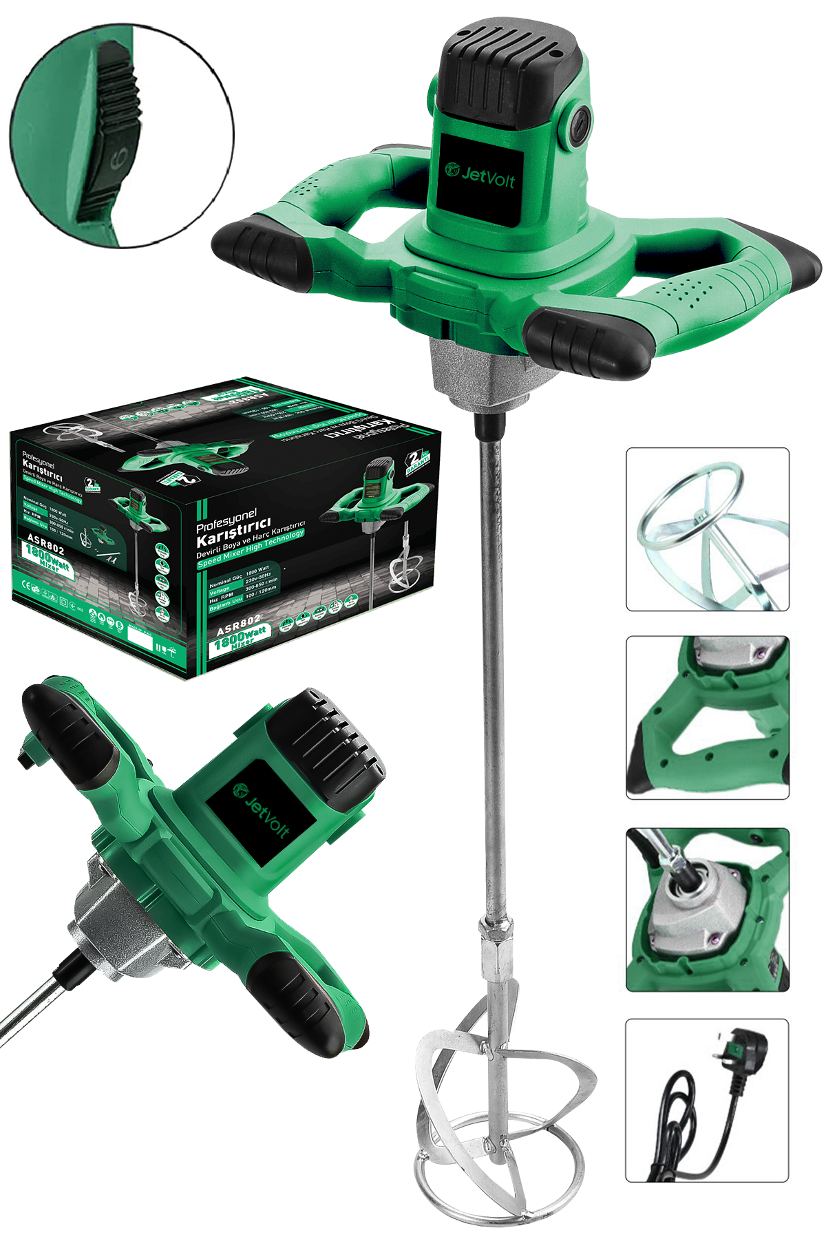 JetVolt Profesyonel 1800W Devir Ayarlı Elektrikli Alçı Boya Ve Harç Karıştırıcı Mikser - Yeşil