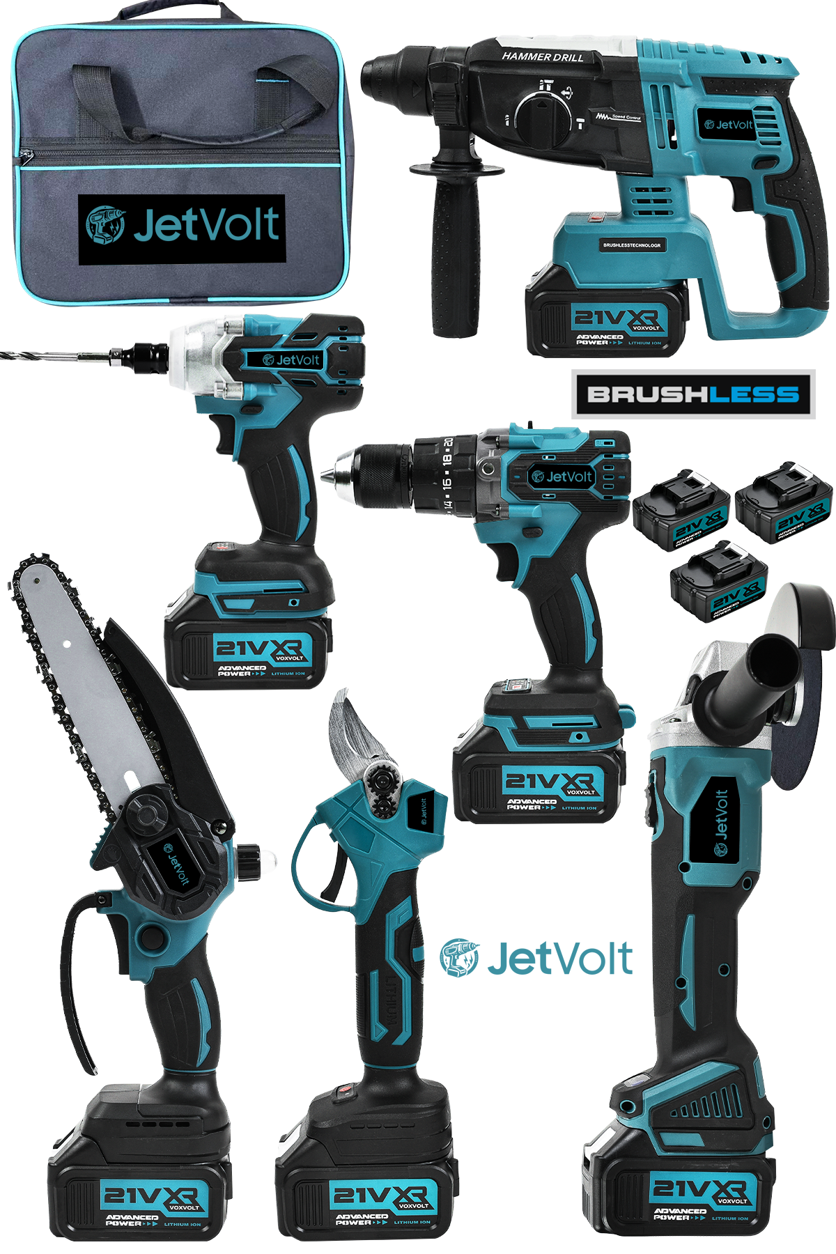JetVolt Profesyonel 21V 2.0Ah Bez Çantalı Kömürsüz Darbeli 6'lı Set - Mavi