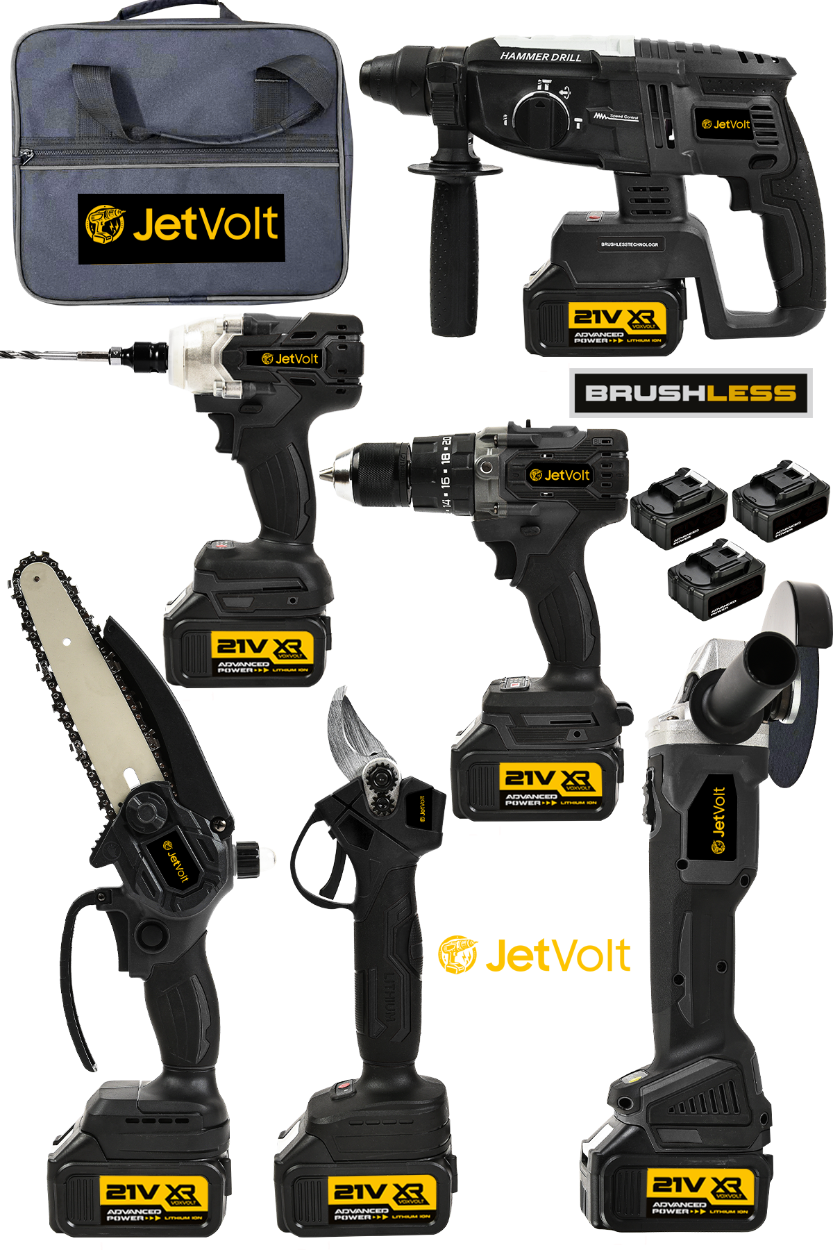 JetVolt Profesyonel 21V 2.0Ah Bez Çantalı Kömürsüz Darbeli 6'lı Set - Siyah