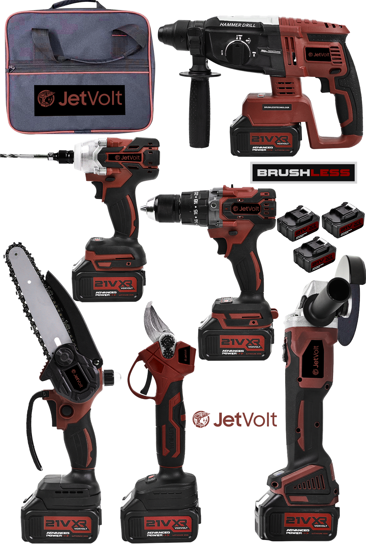 JetVolt Profesyonel 21V 2.0Ah Bez Çantalı Kömürsüz Darbeli 6'lı Set - Kırmızı