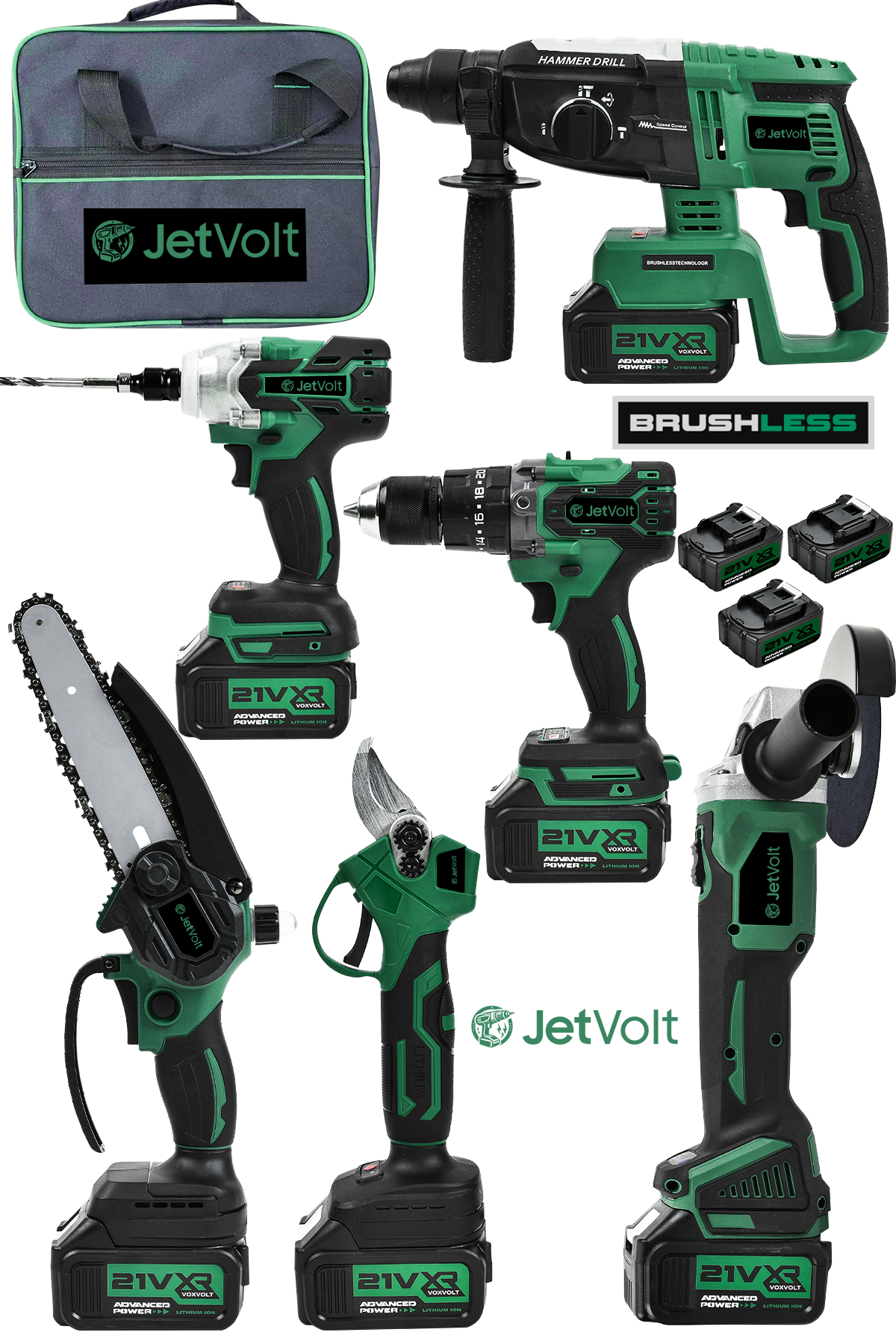 JetVolt Profesyonel 21V 2.0Ah Bez Çantalı Kömürsüz Darbeli 6'lı Set - Yeşil