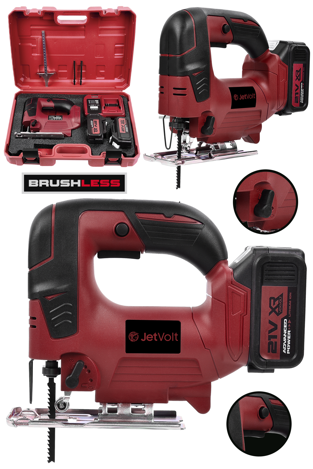 JetVolt Profesyonel 21V 3.0Ah 10 Pilli Metal Şanzıman Dekupaj Testere - Kırmızı