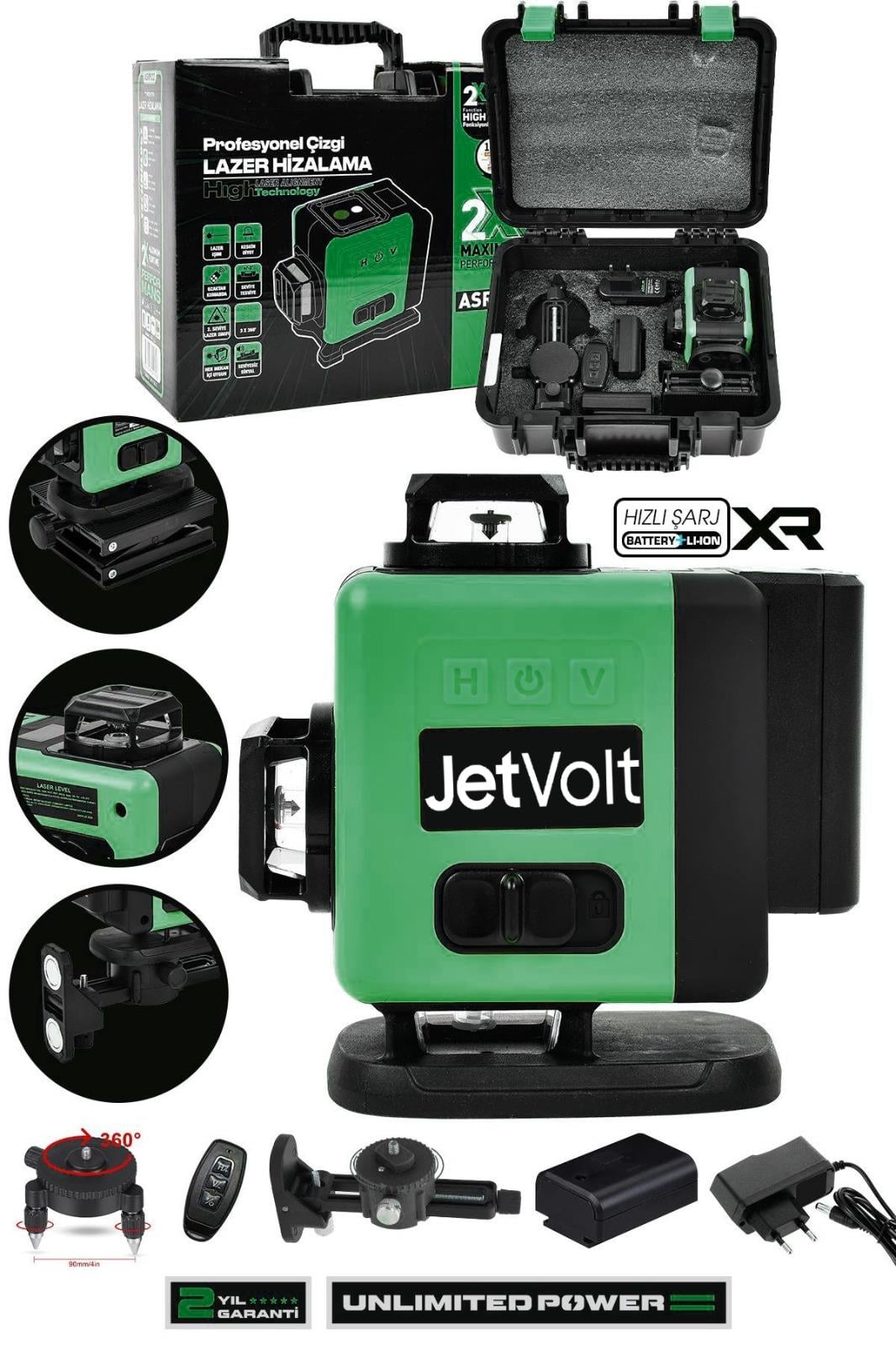 JetVolt Profesyonel 360° Lazer Hizalama 16 Köşe Otomatik Hizalama Yeşil Çizgili Lazer Metre Hizalama - Yeşil