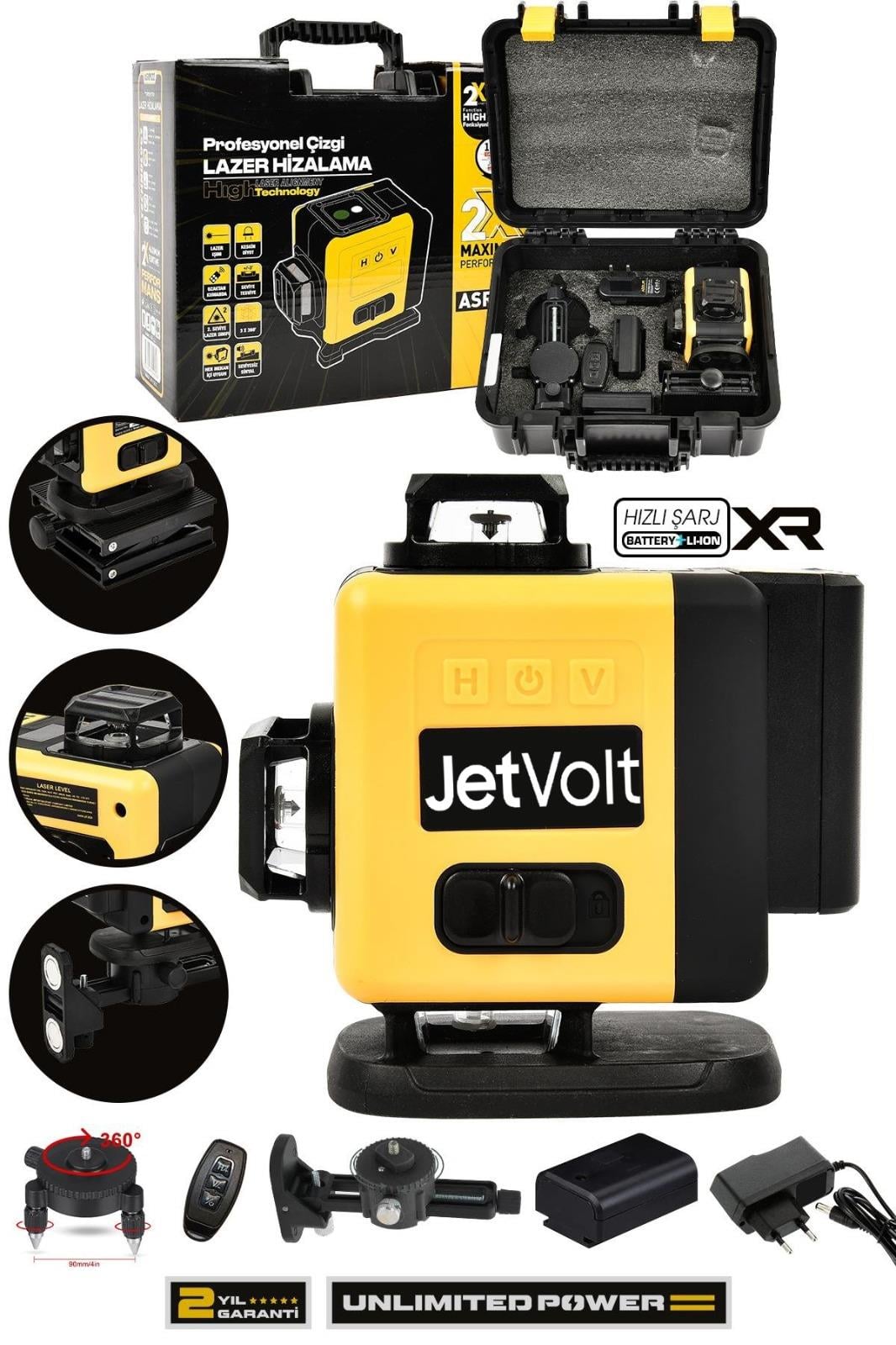 JetVolt Profesyonel 360° Lazer Hizalama 16 Köşe Otomatik Hizalama Yeşil Çizgili Lazer Metre Hizalama - Sarı