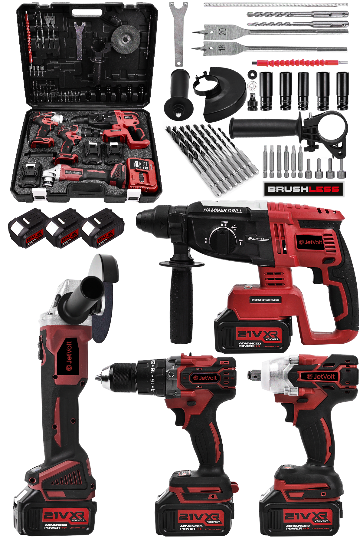 JetVolt Profesyonel 4'Lü Set Şarjlı 2-26 Kırıcı Delici Hilti+125mm Taşlama+450Nm Somun Sökme+13mm Darbeli Matkap - Kırmızı