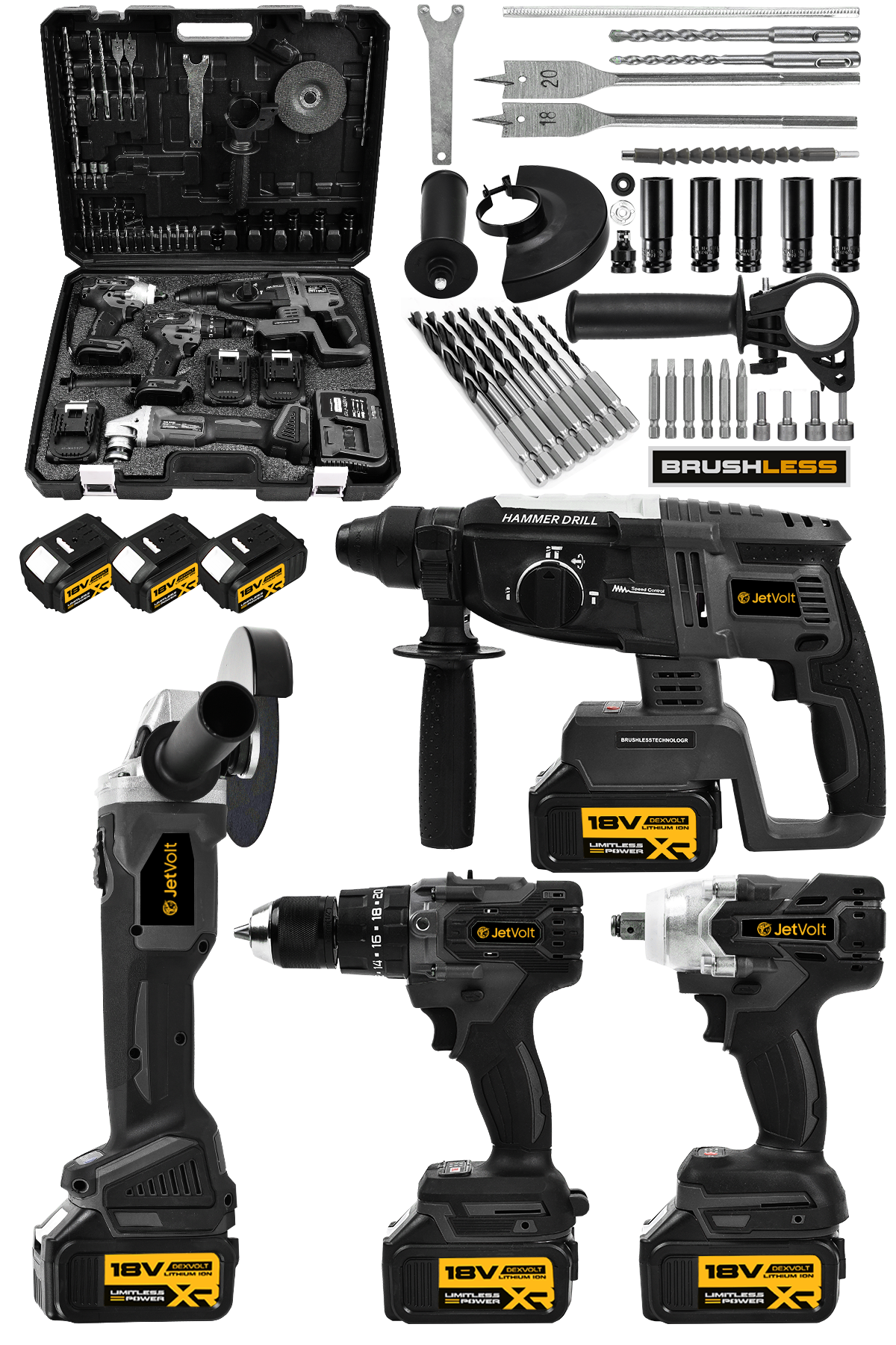 JetVolt Profesyonel 4'Lü Set Şarjlı 2-26 Kırıcı Delici Hilti+125mm Taşlama+450Nm Somun Sökme+13mm Darbeli Matkap - Siyah