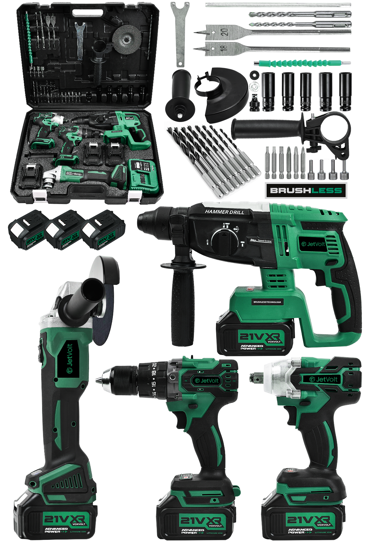 JetVolt Profesyonel 4'Lü Set Şarjlı 2-26 Kırıcı Delici Hilti+125mm Taşlama+450Nm Somun Sökme+13mm Darbeli Matkap - Yeşil
