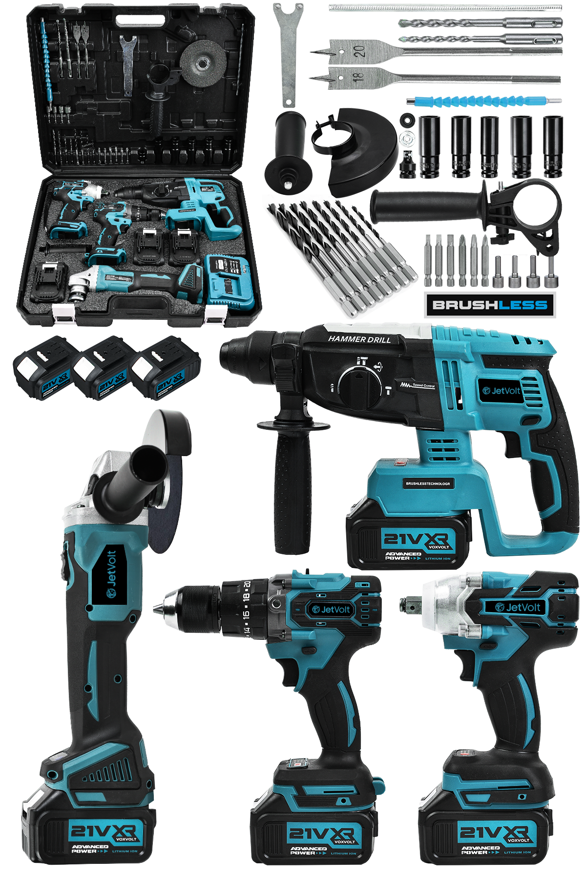 JetVolt Profesyonel 4'Lü Set Şarjlı 2-26 Kırıcı Delici Hilti+125mm Taşlama+450Nm Somun Sökme+13mm Darbeli Matkap - Mavi