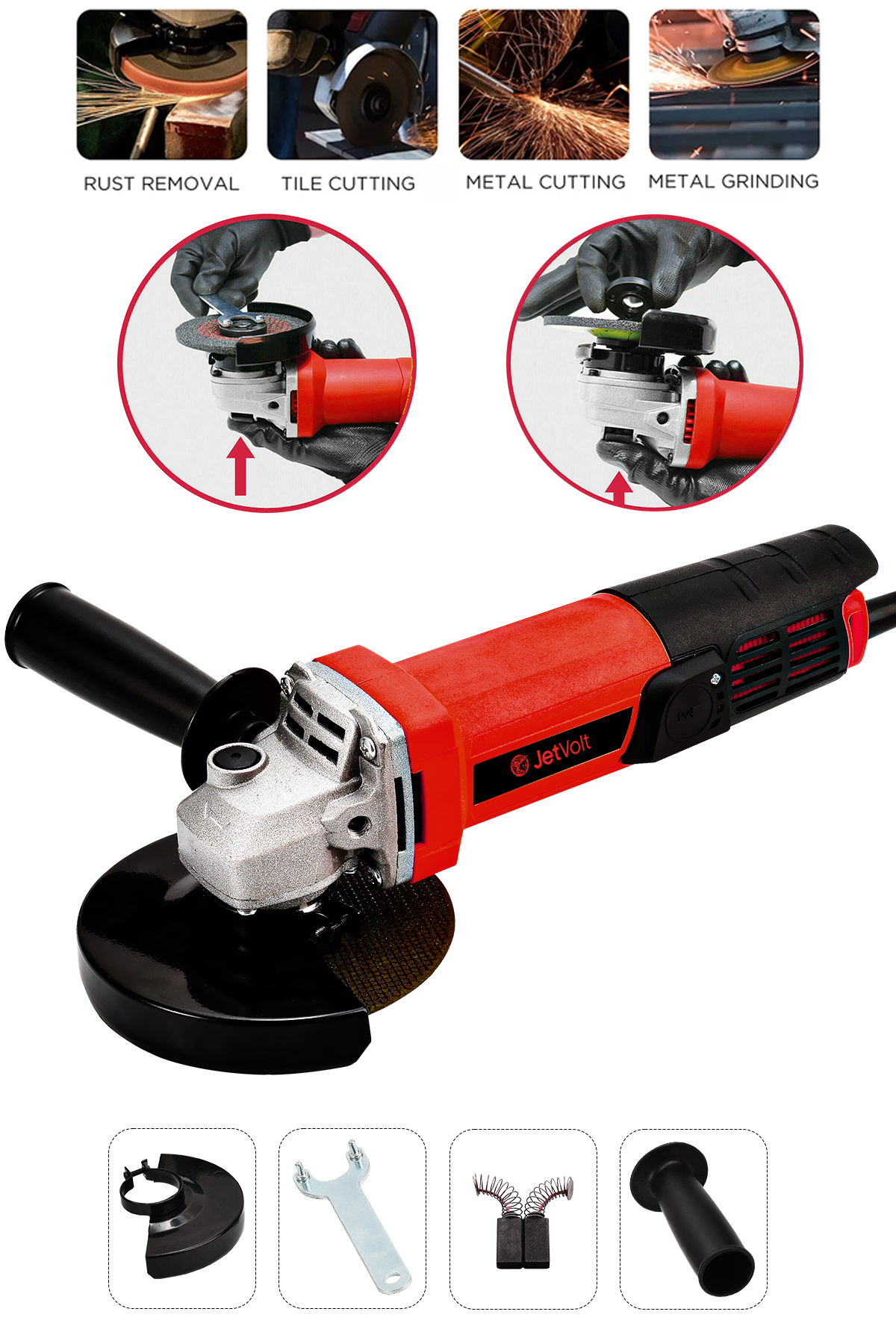 JetVolt Profesyonel 550W Avuç Taşlama Makinesi 125mm Bakır Sargılı Spiral - Kırmızı