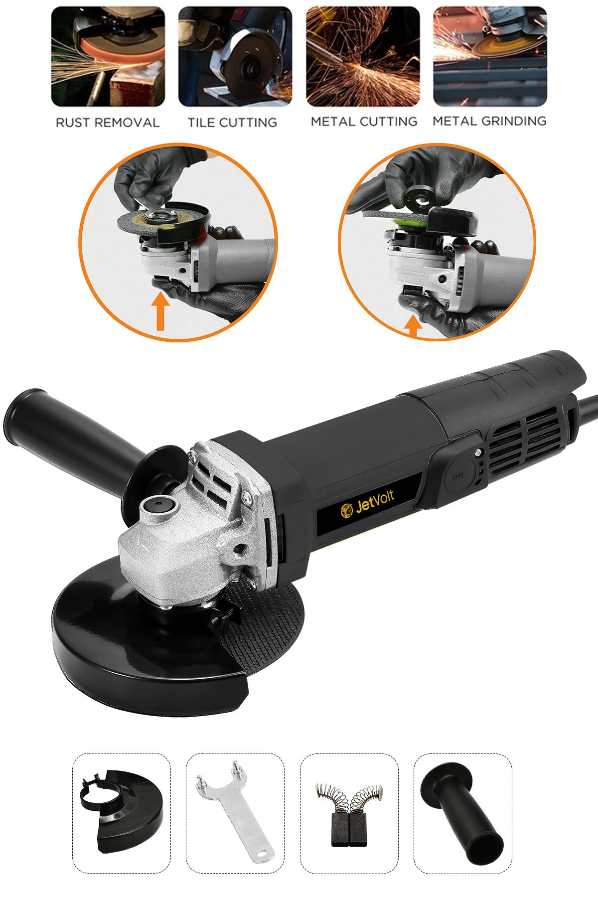 JetVolt Profesyonel 550W Avuç Taşlama Makinesi 125mm Bakır Sargılı Spiral - Siyah
