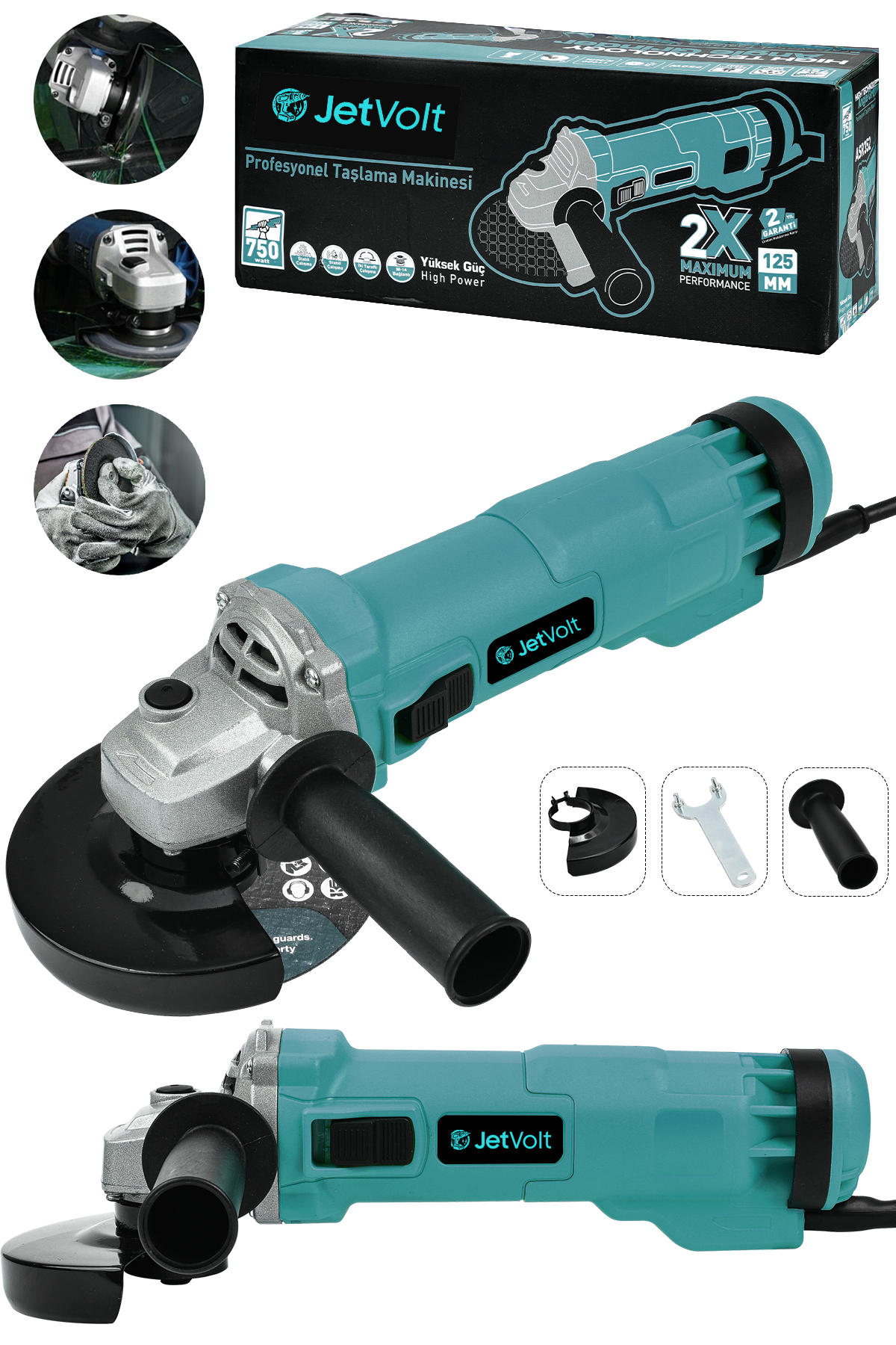 JetVolt Profesyonel 750W Avuç Taşlama Makinesi 125mm Bakır Sargılı Spiral - Mavi