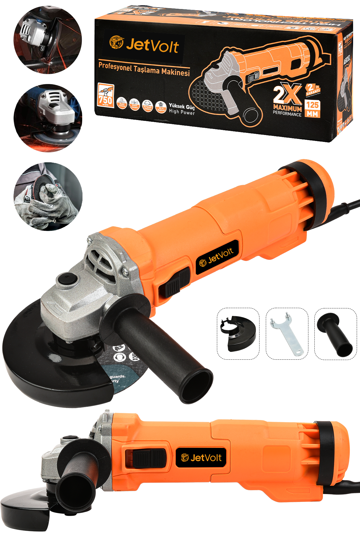 JetVolt Profesyonel 750W Avuç Taşlama Makinesi 125mm Bakır Sargılı Spiral - Turuncu