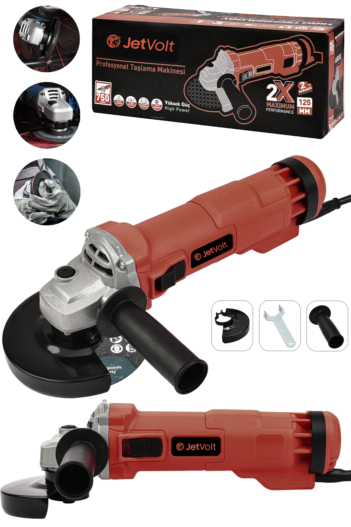 JetVolt Profesyonel 750W Avuç Taşlama Makinesi 125mm Bakır Sargılı Spiral - Kırmızı