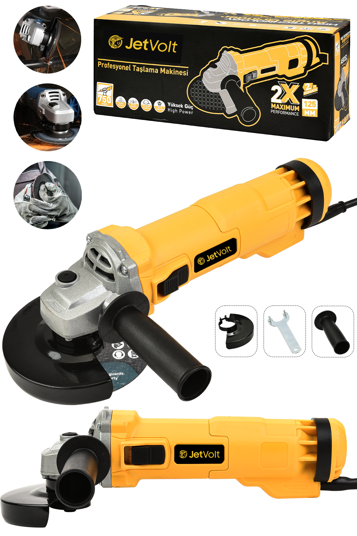 JetVolt Profesyonel 750W Avuç Taşlama Makinesi 125mm Bakır Sargılı Spiral - Sarı